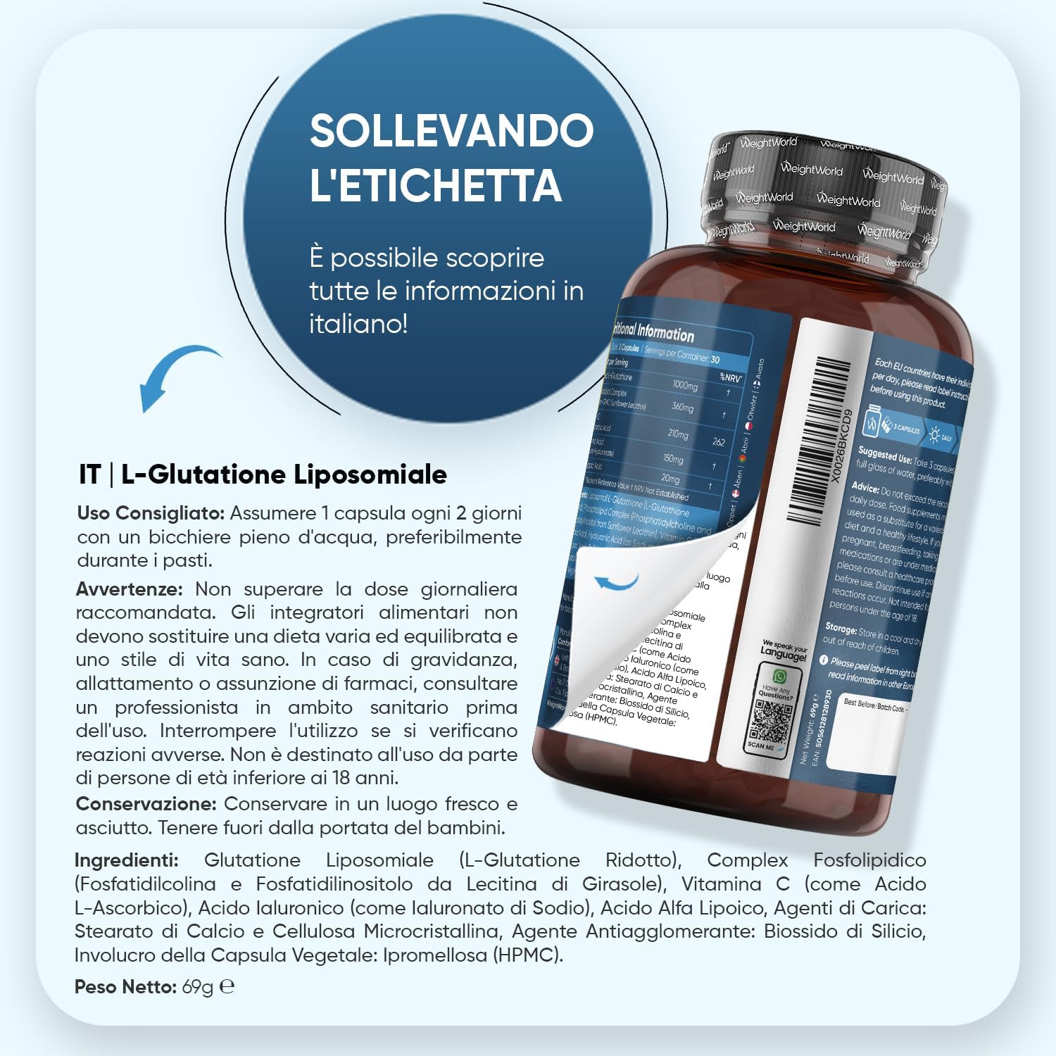 Detalle 2 de Glutatione Liposomiale Ridotto WeightWorld – 90 Capsule Vegane con Vitamina C, Acido Alfa Lipoico e Acido Ialuronico