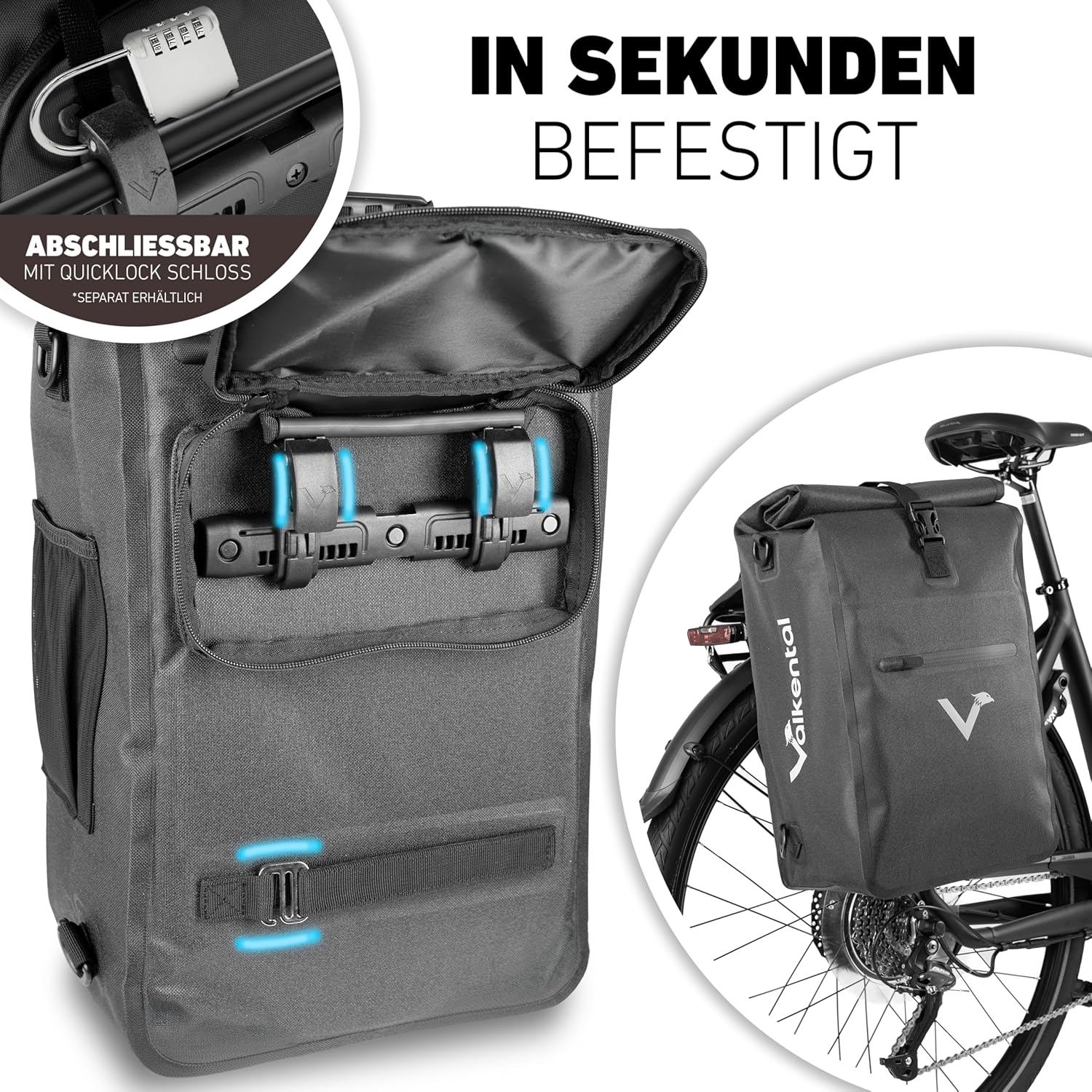 Thumbnail 4 de Valkental 3in1 Fahrradtasche – Bis 25L, wasserdicht, reflektierend, abschließbar, mit Laptopfach