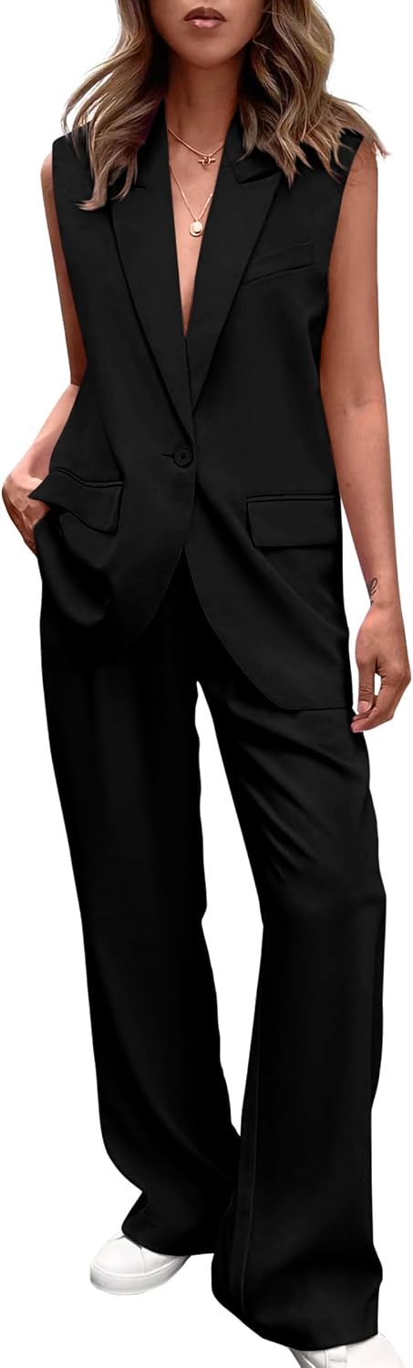 Detalle de PRETTYGARDEN Women's 2 Piece Sleeveless Vest and Wide Leg Pants Suit Set