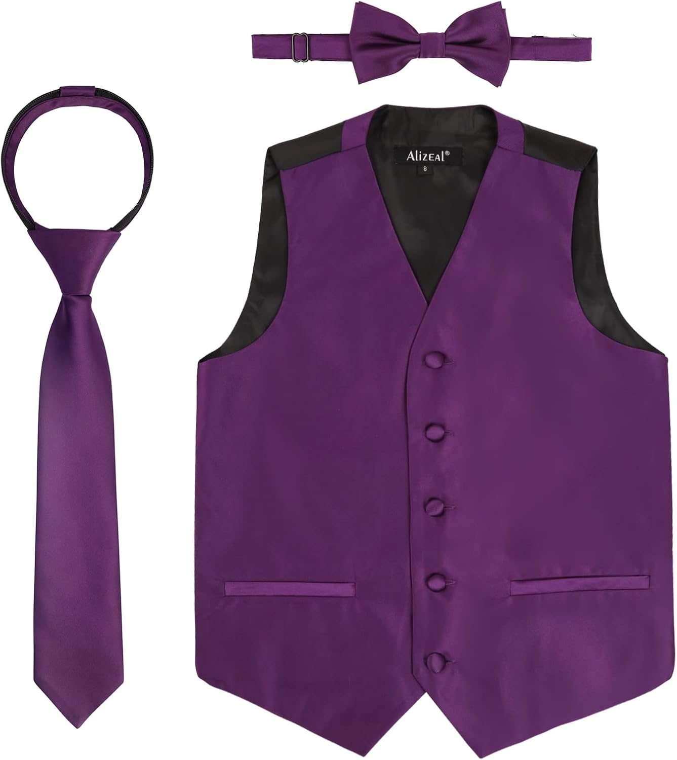 Detalle de Alizeal Boys 3pc Bow Tie, Necktie & Waistcoat Set — Solid Colour