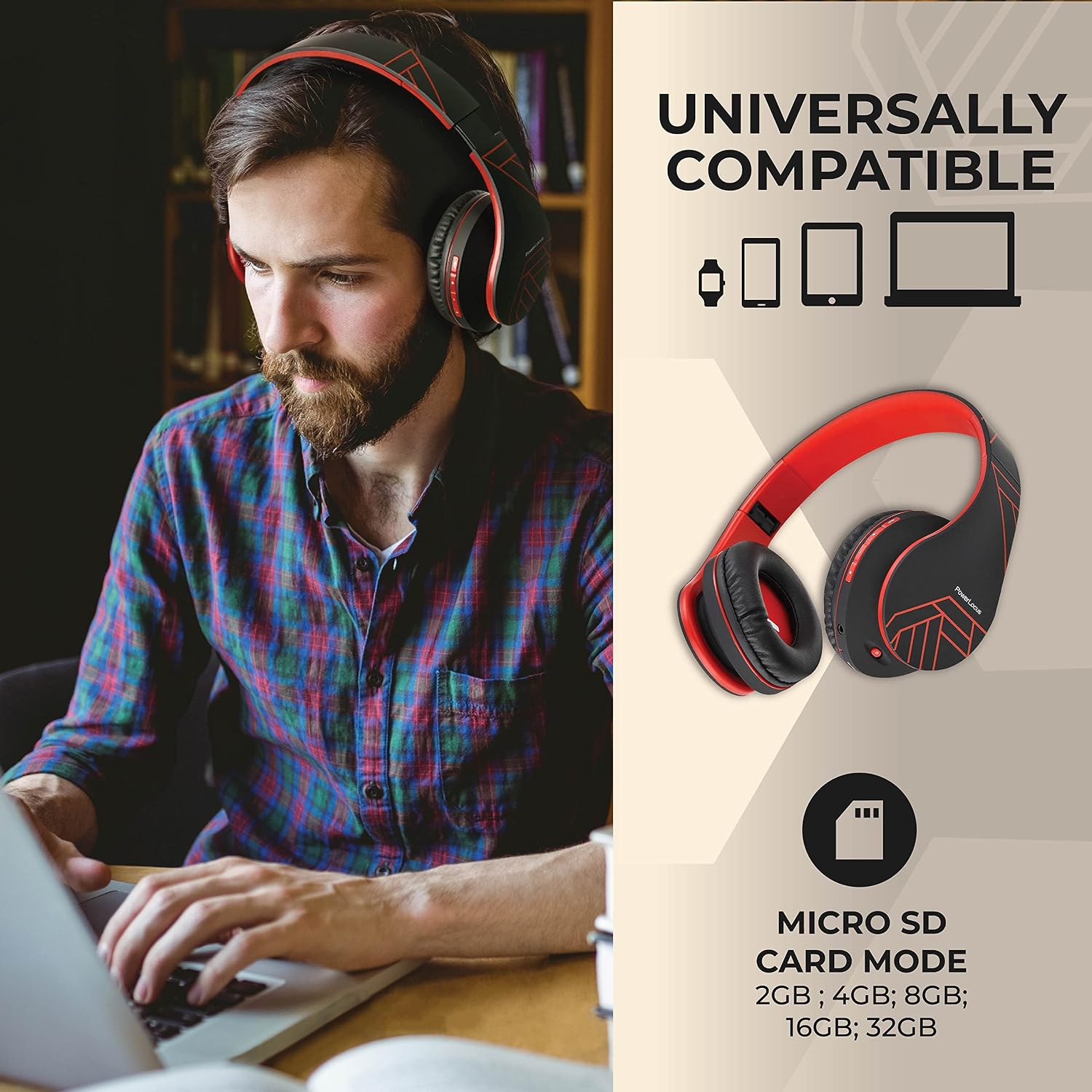 Detalle de PowerLocus Bluetooth Over-Ear Headphones (Black/Red) with Mic, Foldable Design & MicroSD/TF
