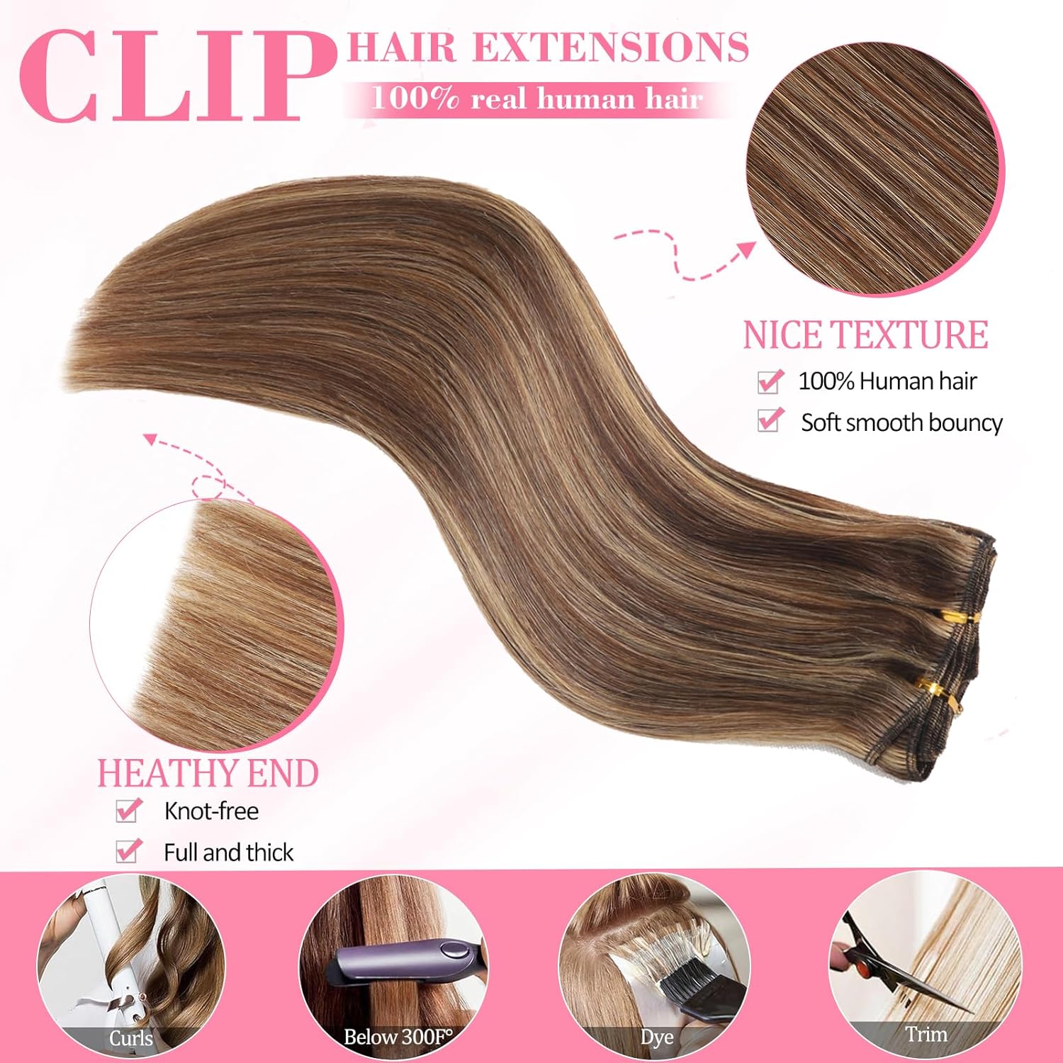 Detalle 2 de Clip-in Hair Extensions with Remy Human Hair (Seamless Balayage) – Chocolate Brown with Honey Blonde Highlights, 8 pcs, 24 inch, 120g