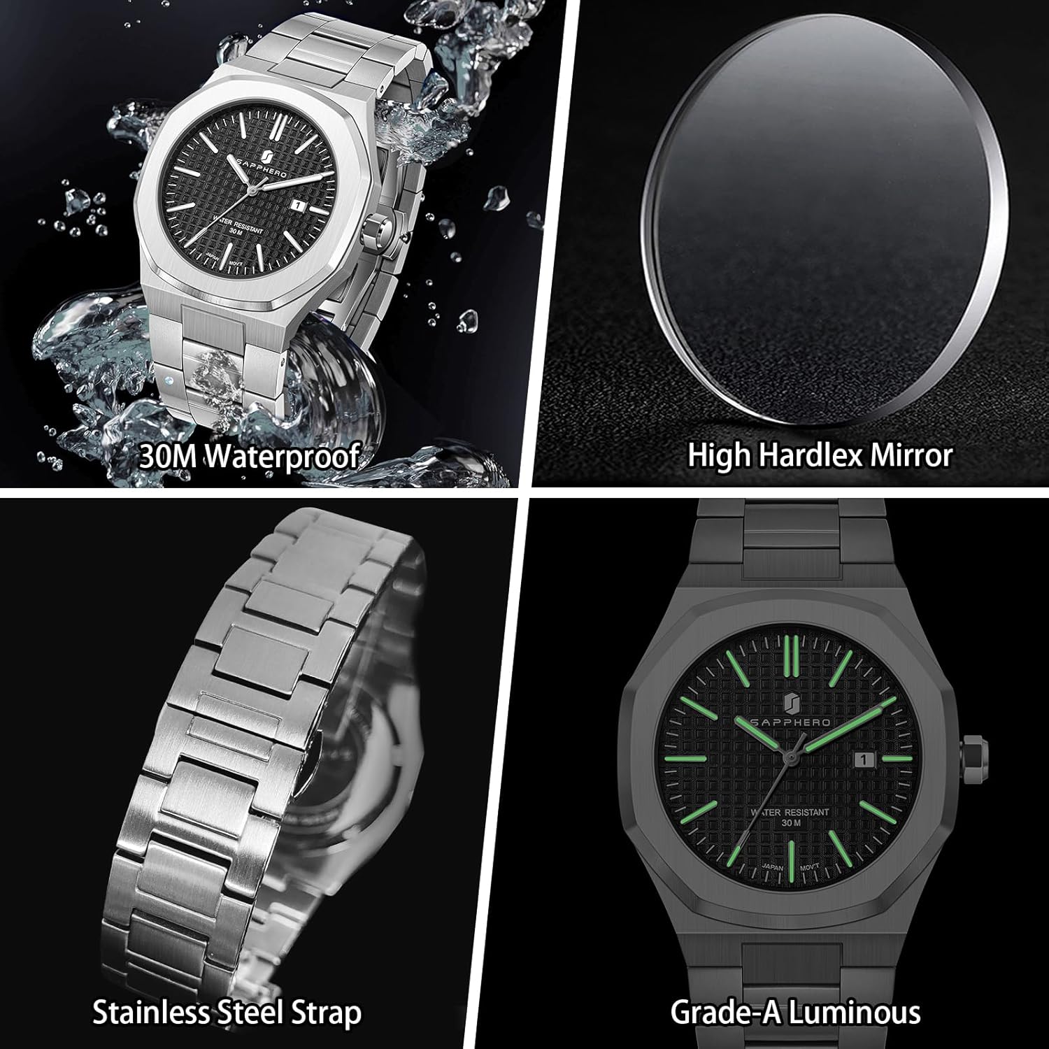 Thumbnail 2 de SAPPHERO Orologio da Uomo Impermeabile 50M in Acciaio Inox, Quarzo Miyota, 42 mm, Cinturino Acciaio, Data Calendario Nero Blu