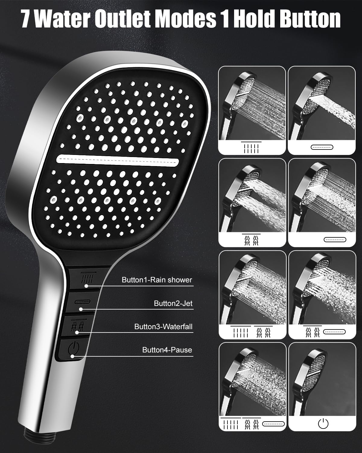 Thumbnail 1 de Soffione ad alta pressione quadrato cromato con 7 funzioni (universale, a parete)