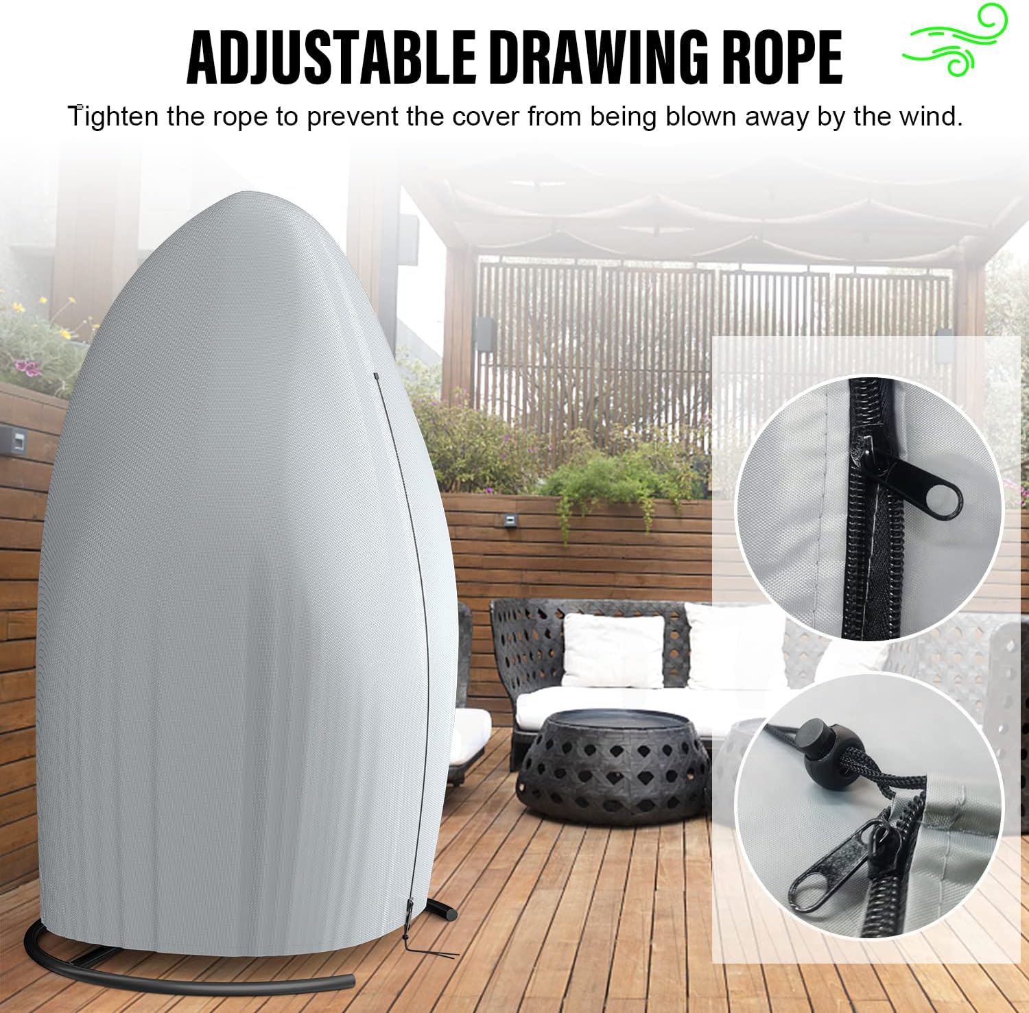 Detalle de Patio waterproof hanging egg chair cover (115x190cm) in 210D Oxford fabric with zipper – Black