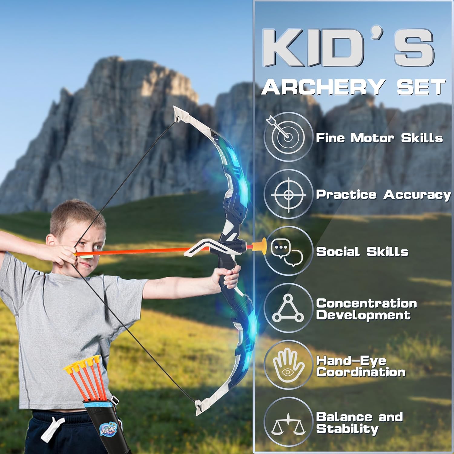 Thumbnail 4 de Bow and Arrow Set for Kids (2-Pack) with LED Lights, 20 Suction Cup Arrows, Standing Target, and Quivers