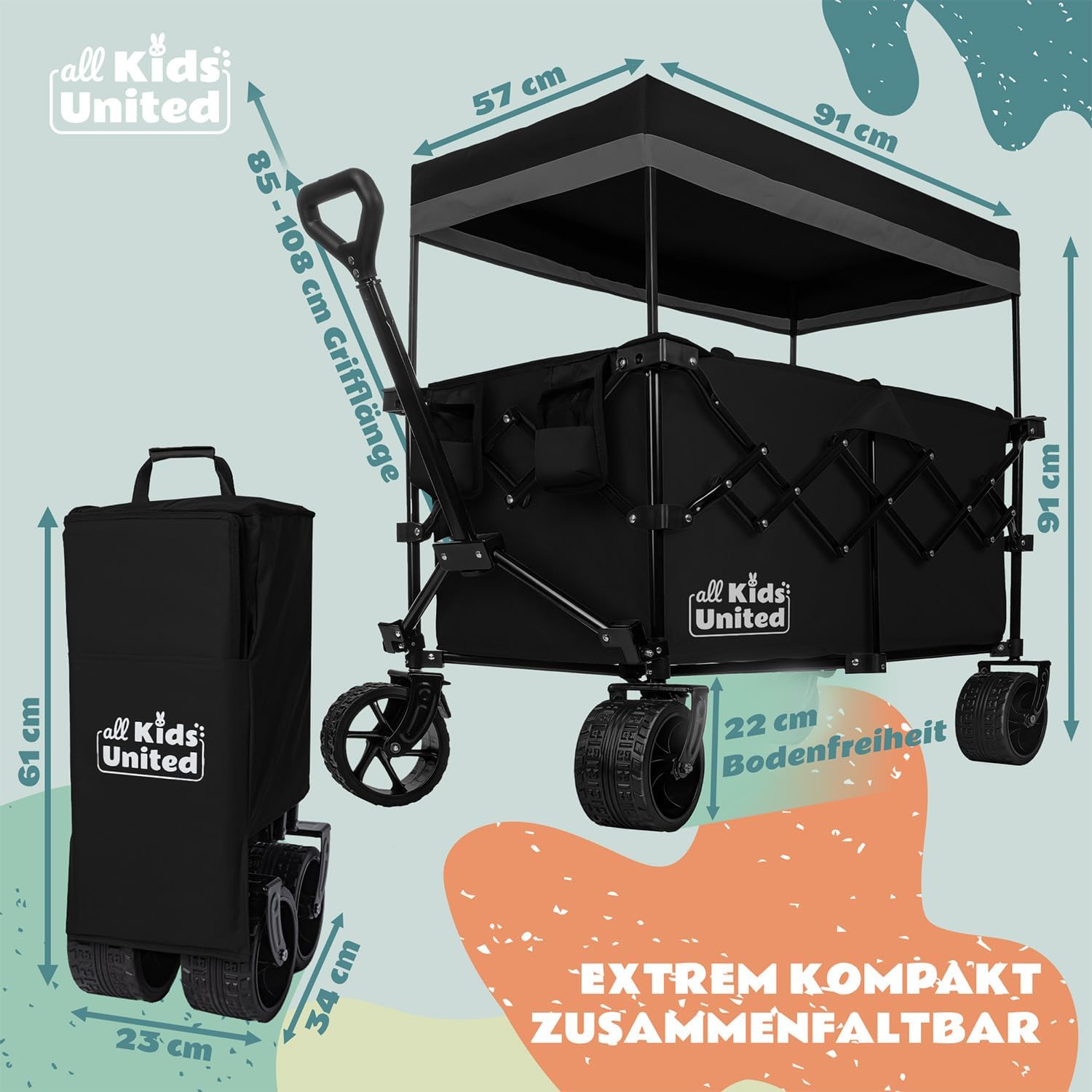 Thumbnail 5 de Faltbarer Bollerwagen Transportkarre (Strand-Buggy bis 90 l, 150 kg) mit XXL Geländerädern, Bremse & verstellbarem Griff – Schwarz