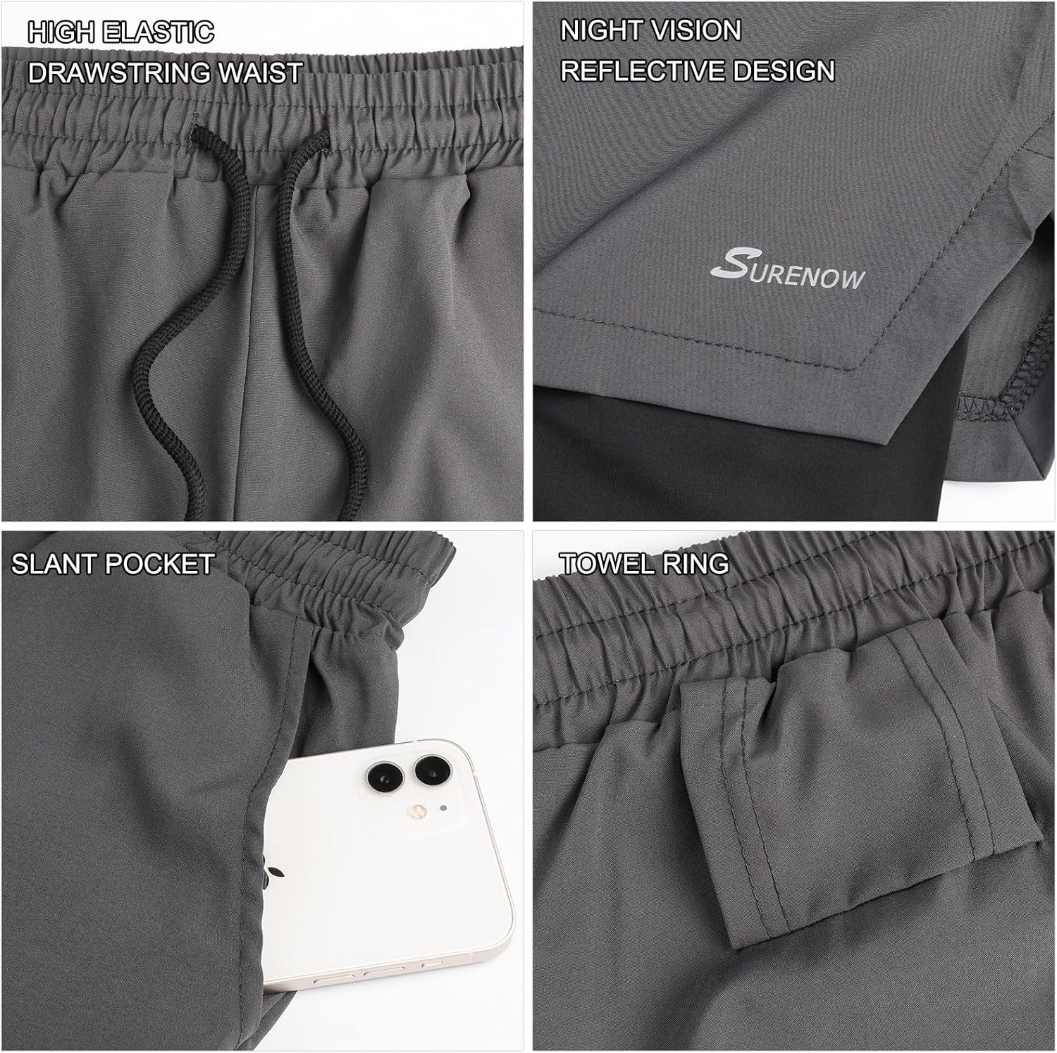 Thumbnail 3 de Surenow Men's 2-in-1 Running Shorts with Quick-Dry Fabric, Zip Pockets, and Towel Loop