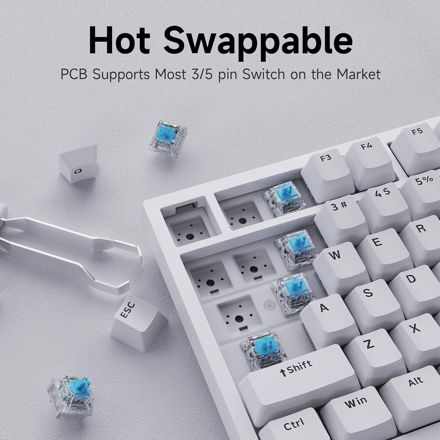 Detalle de AJAZZ AK820 Kabelgebundene mechanische Tastatur – 75% Layout, 82 Tasten, hot-swappable, Volume-Knopf, PBT-Tasten, Blue Switches, Ice Blue LED, Weiß