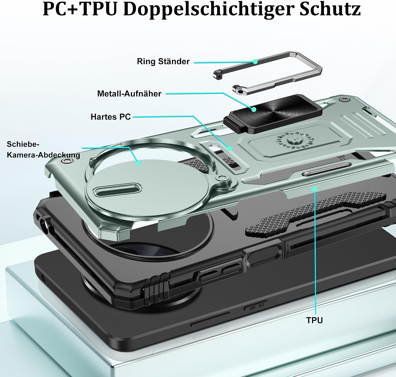 Detalle de Jshru Hülle für Xiaomi Redmi 14C / Poco C75 – Kameraschutz Slide, 360° Metallständer, zwei Schutzfolien, Militär-Grad Stoßfest, Alpengrün