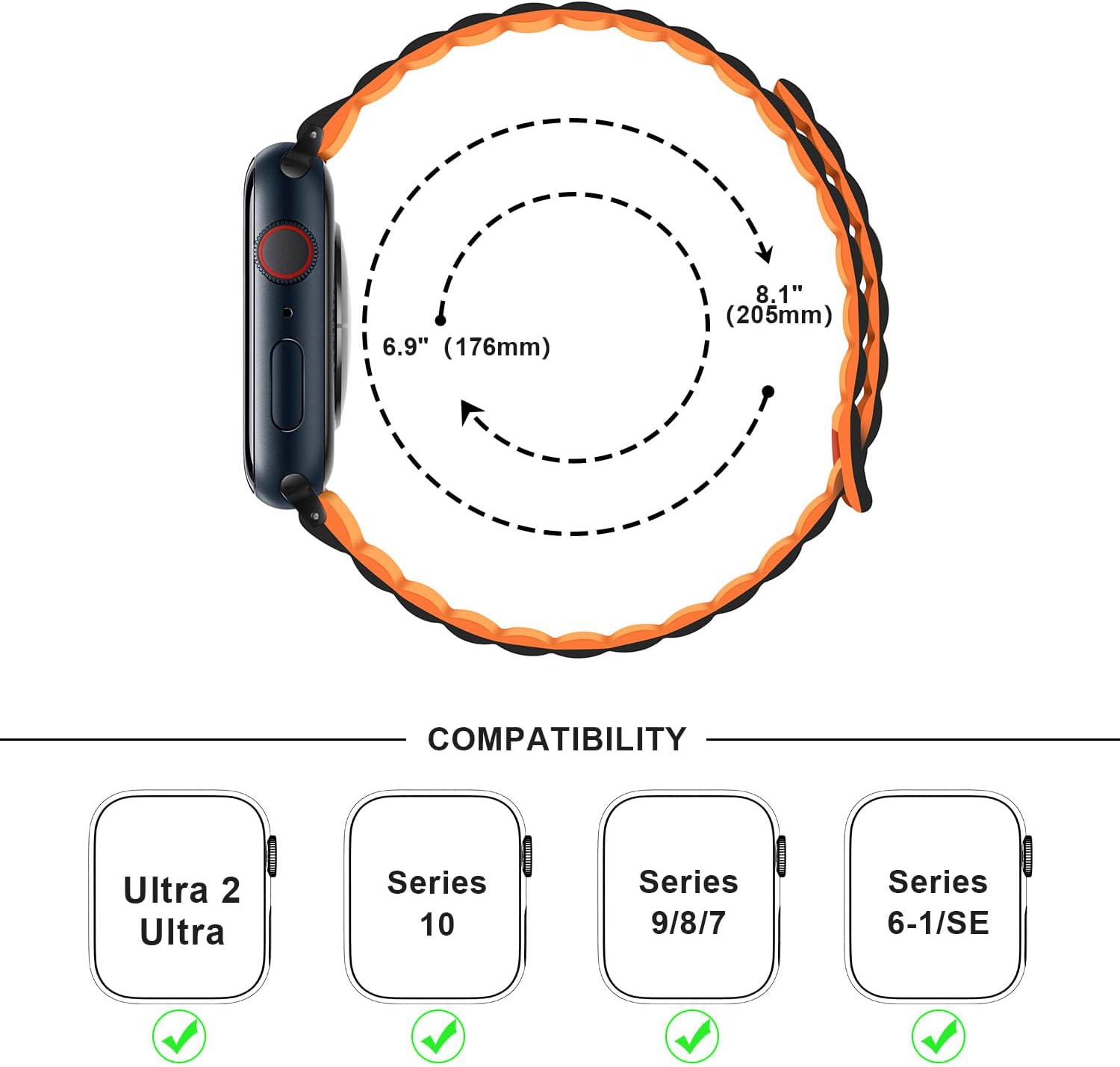 Thumbnail 5 de Anlinser Magnetic Silicone Watch Strap for Apple Watch (44–49mm): Double-Sided, Quick-Adjust, Black/Orange