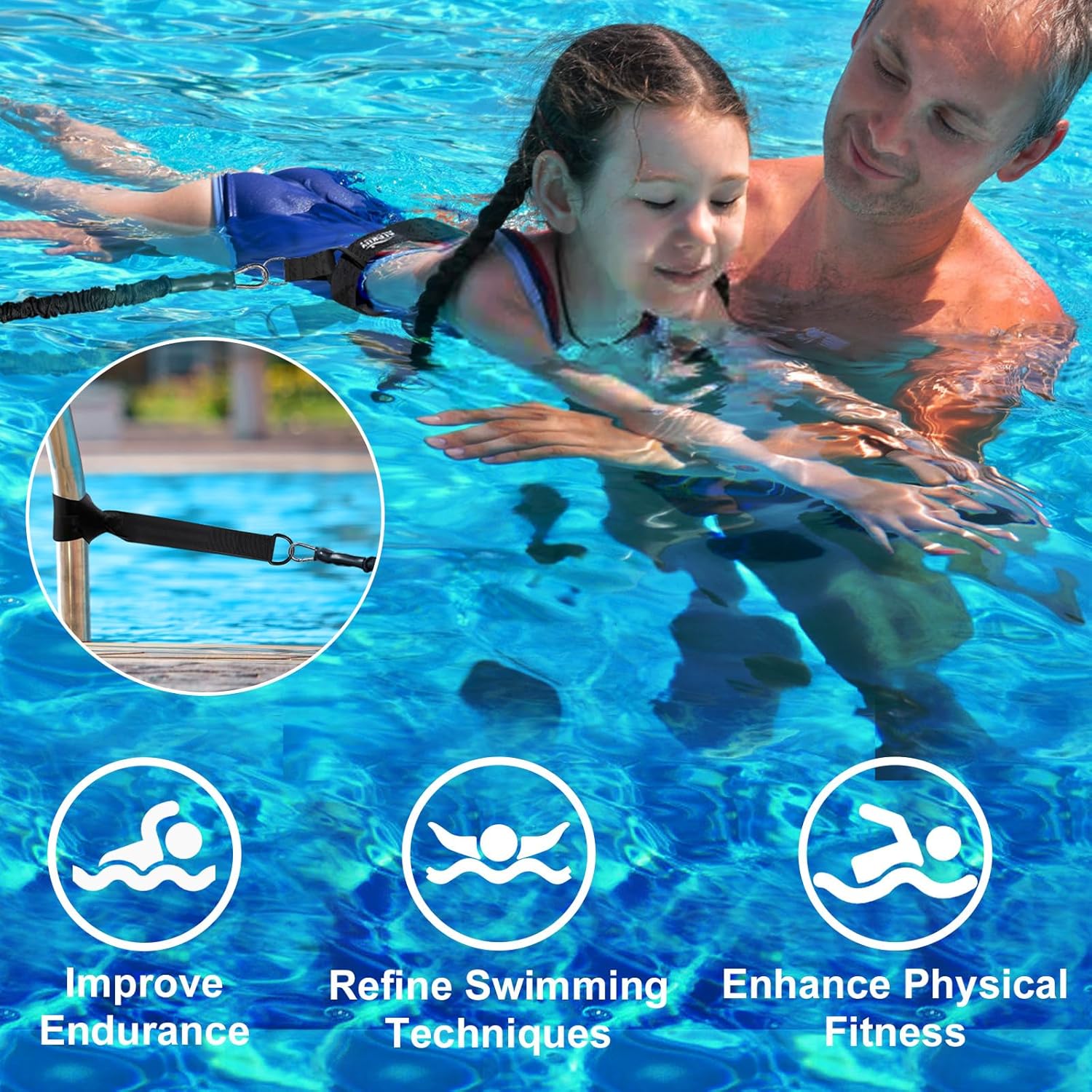 Detalle 2 de Schwimmgurt für Pool – Einstellbarer Schwimmwiderstandgürtel (2,5–7,5 m) für Erwachsene und Kinder ab 7 Jahren