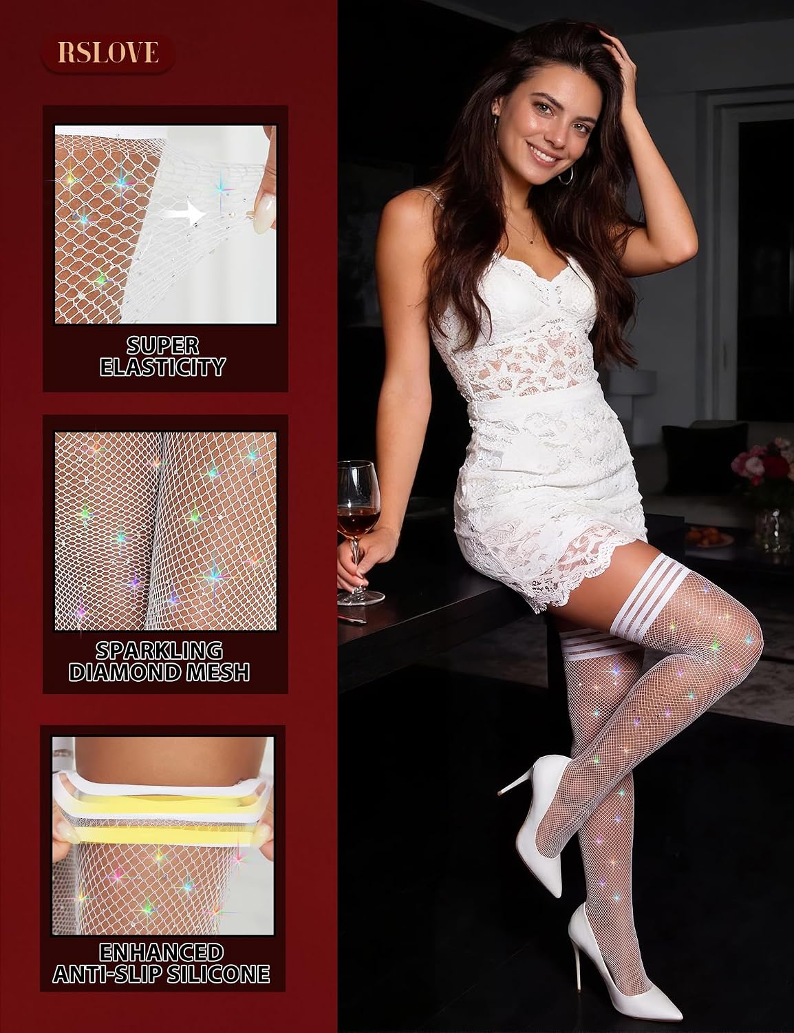 Detalle de RSLOVE Fishnet Thigh-High Stockings with Silicone Bands and Rhinestones