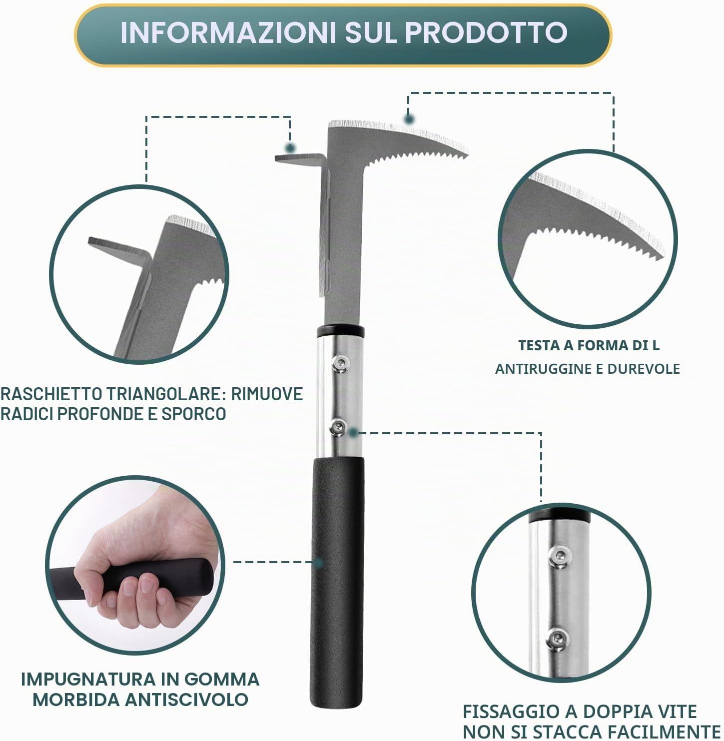 Detalle de BARAYSTUS Estirpatore Erbacce Manuale: Raschietto per Fughe con Impugnatura da 33 cm, Bordo Seghettato in Acciaio Inox
