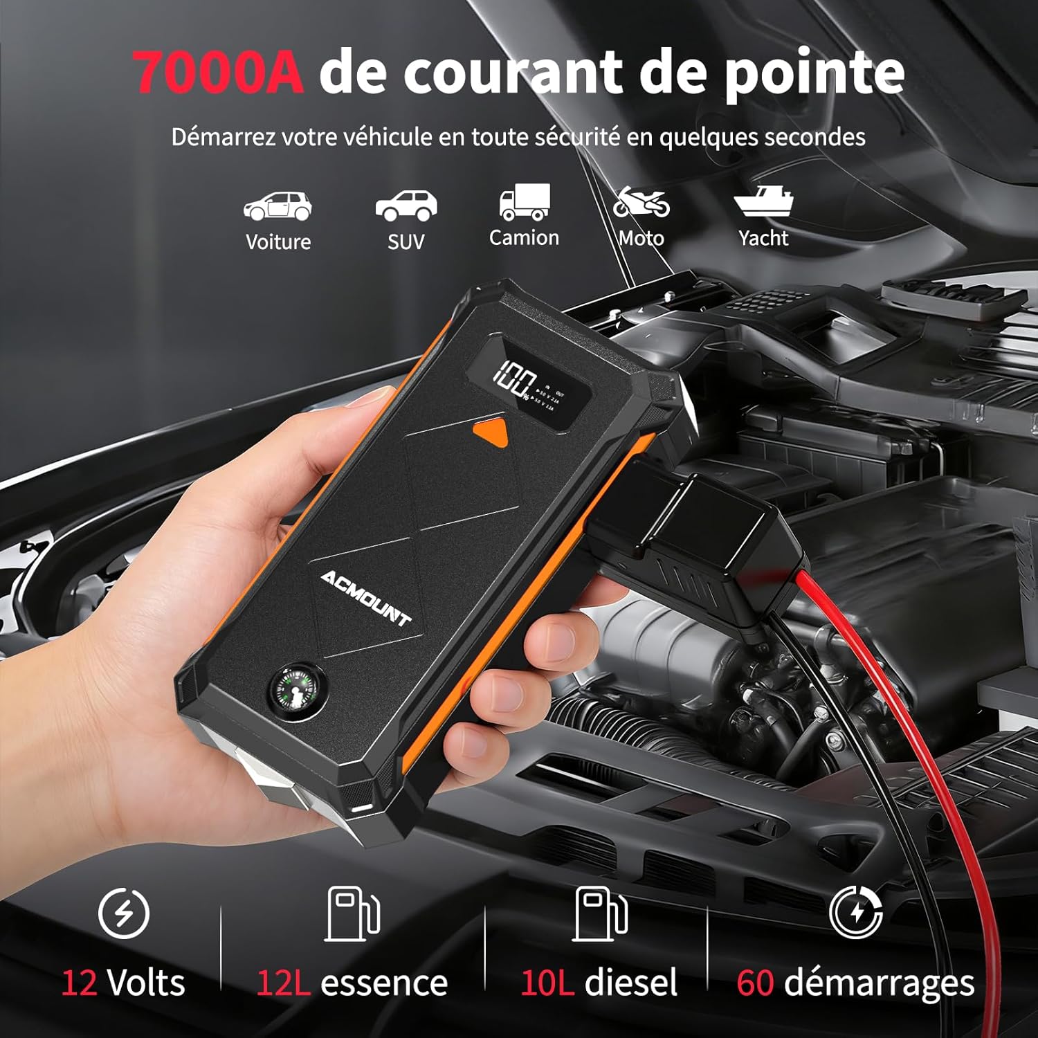 Thumbnail 1 de Acmount 7000A Booster batterie voiture 23800 mAh (12V) avec pinces intelligentes, écran LCD et LED 3 modes