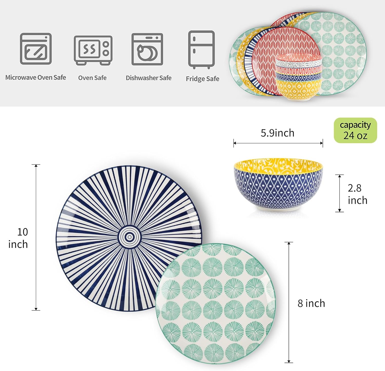 Thumbnail 1 de Selamica 12-Piece Ceramic Dinnerware Set (Plates & Bowls) for 4, Scratch-Resistant, Assorted Colors