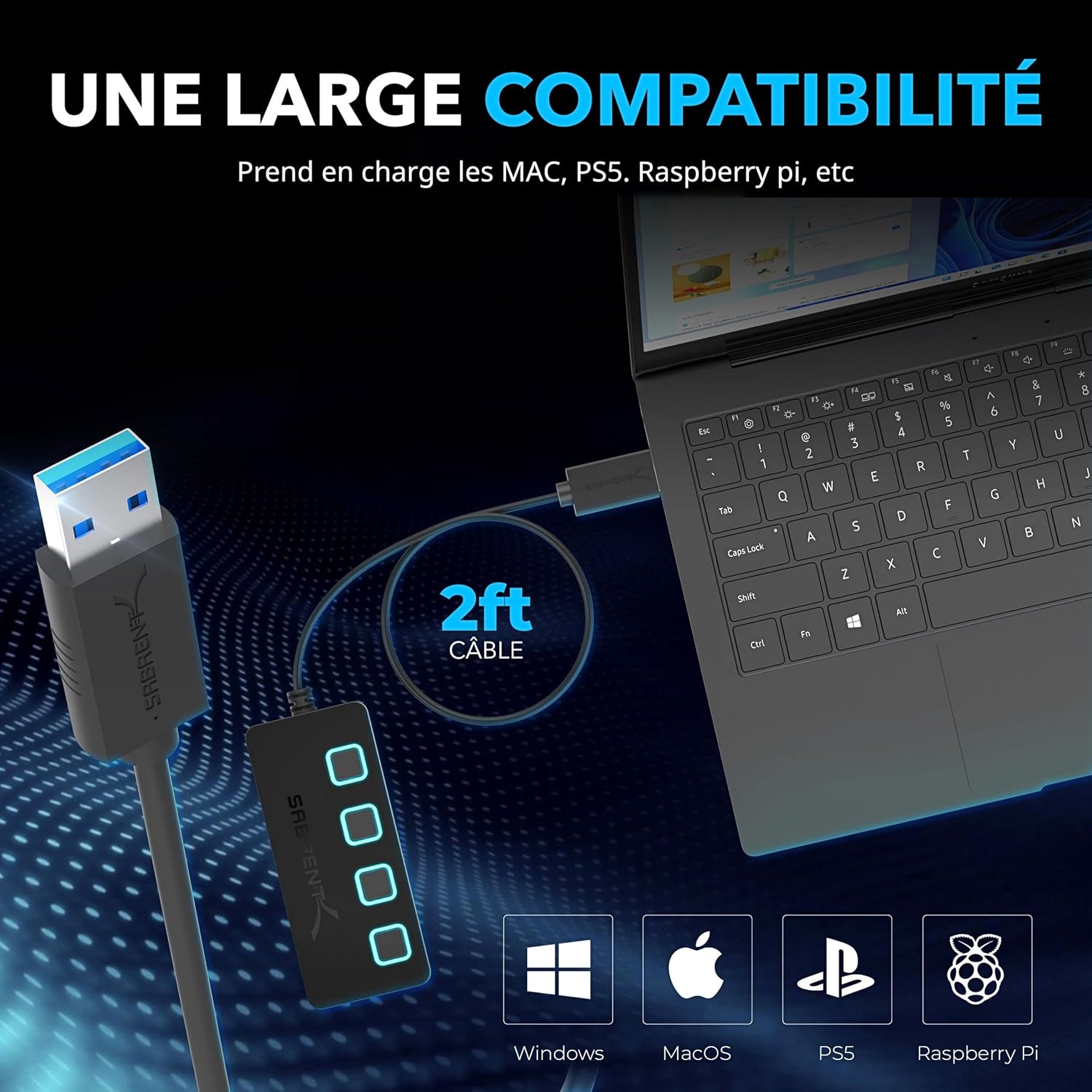 Detalle 2 de SABRENT Hub USB alimenté 4 ports USB 3.0 ultra-rapide 5 Gbps (HB-UMP3) avec interrupteurs et voyants