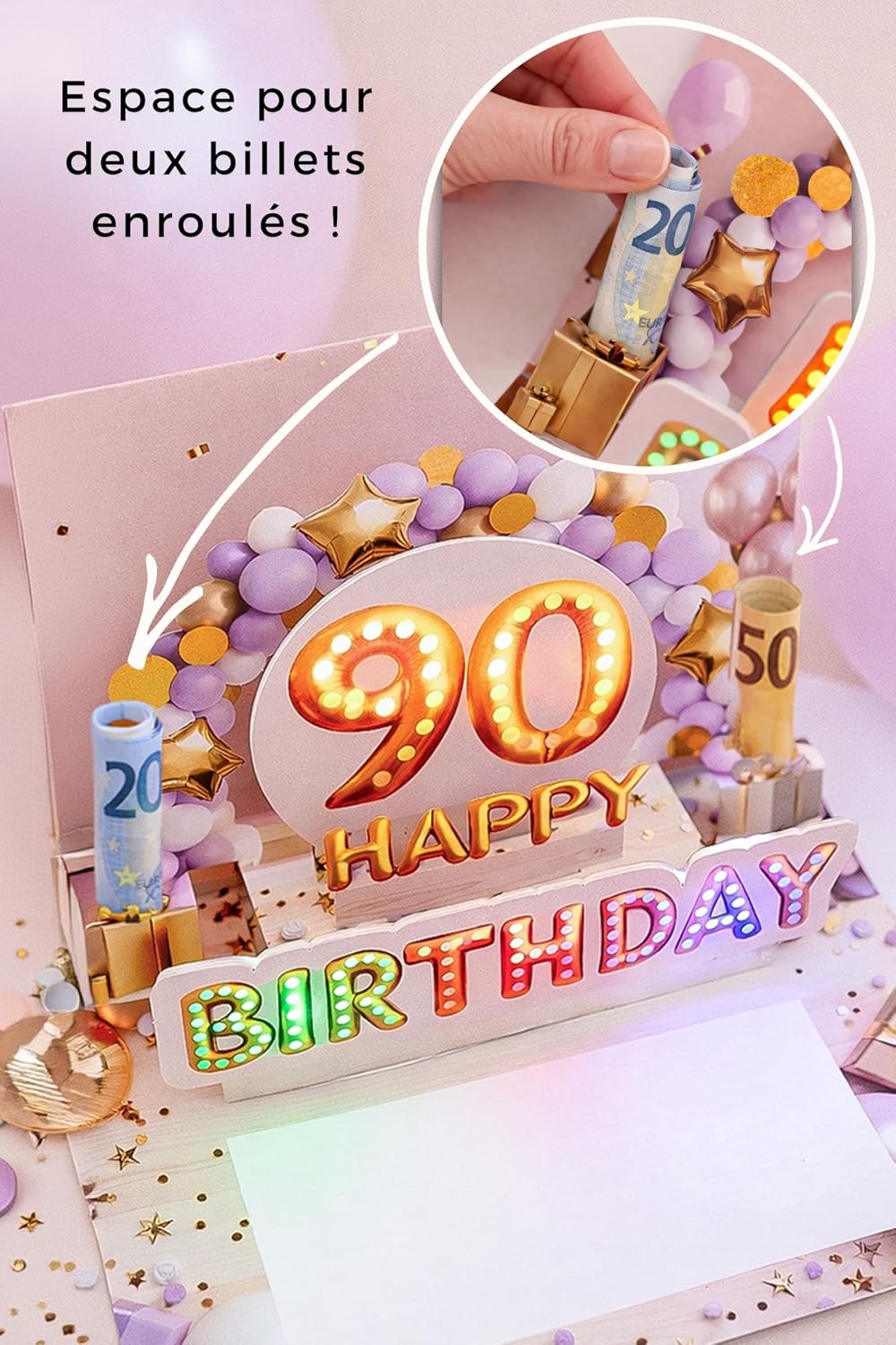 Detalle de Joli Coon Carte anniversaire 90 ans – Carte pop-up 3D avec musique et lumière