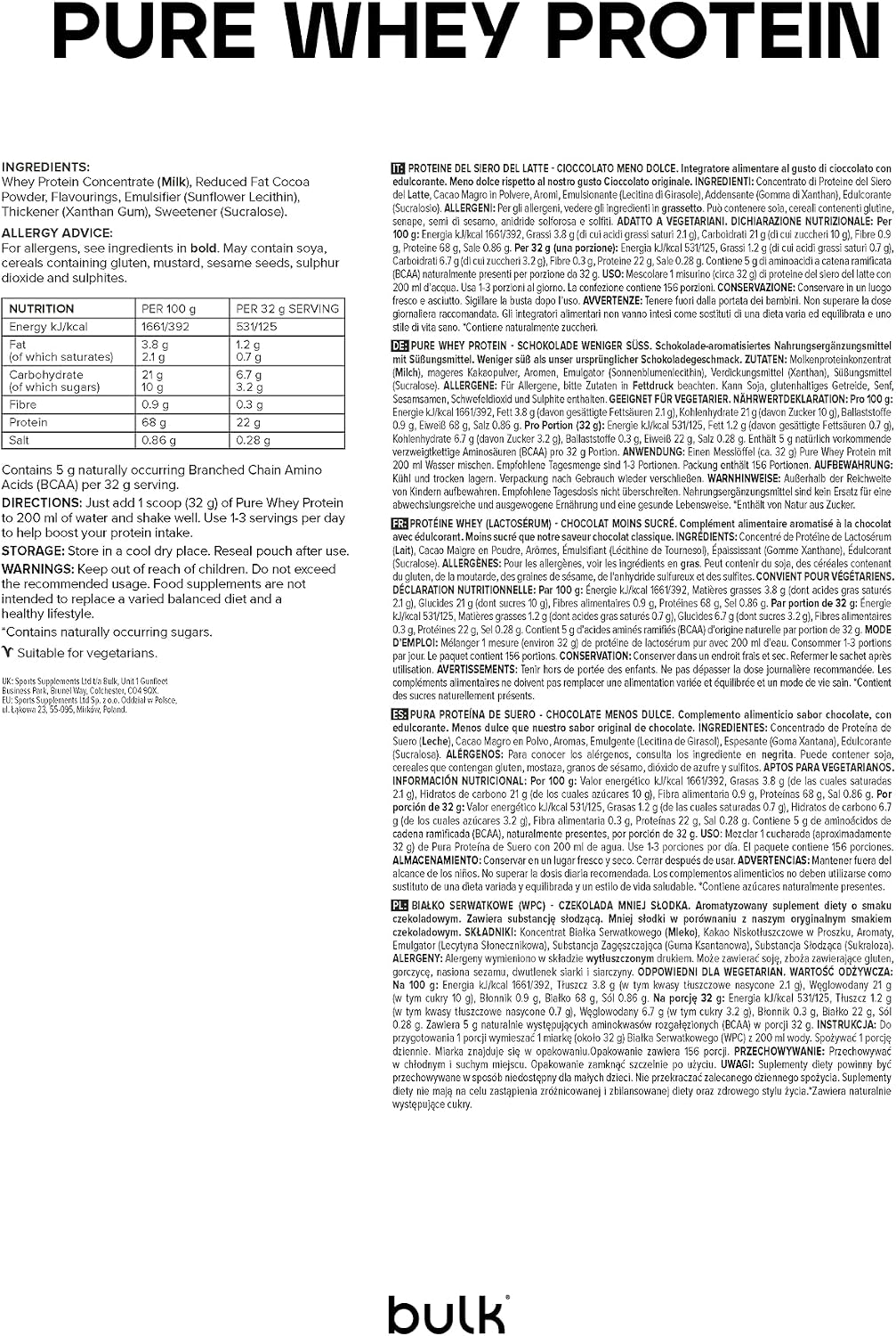 Detalle de Bulk Pure Whey Proteinpulver Schokolade – Weniger Süß, 22 g Protein, 5 g BCAAs pro Portion, 500 g
