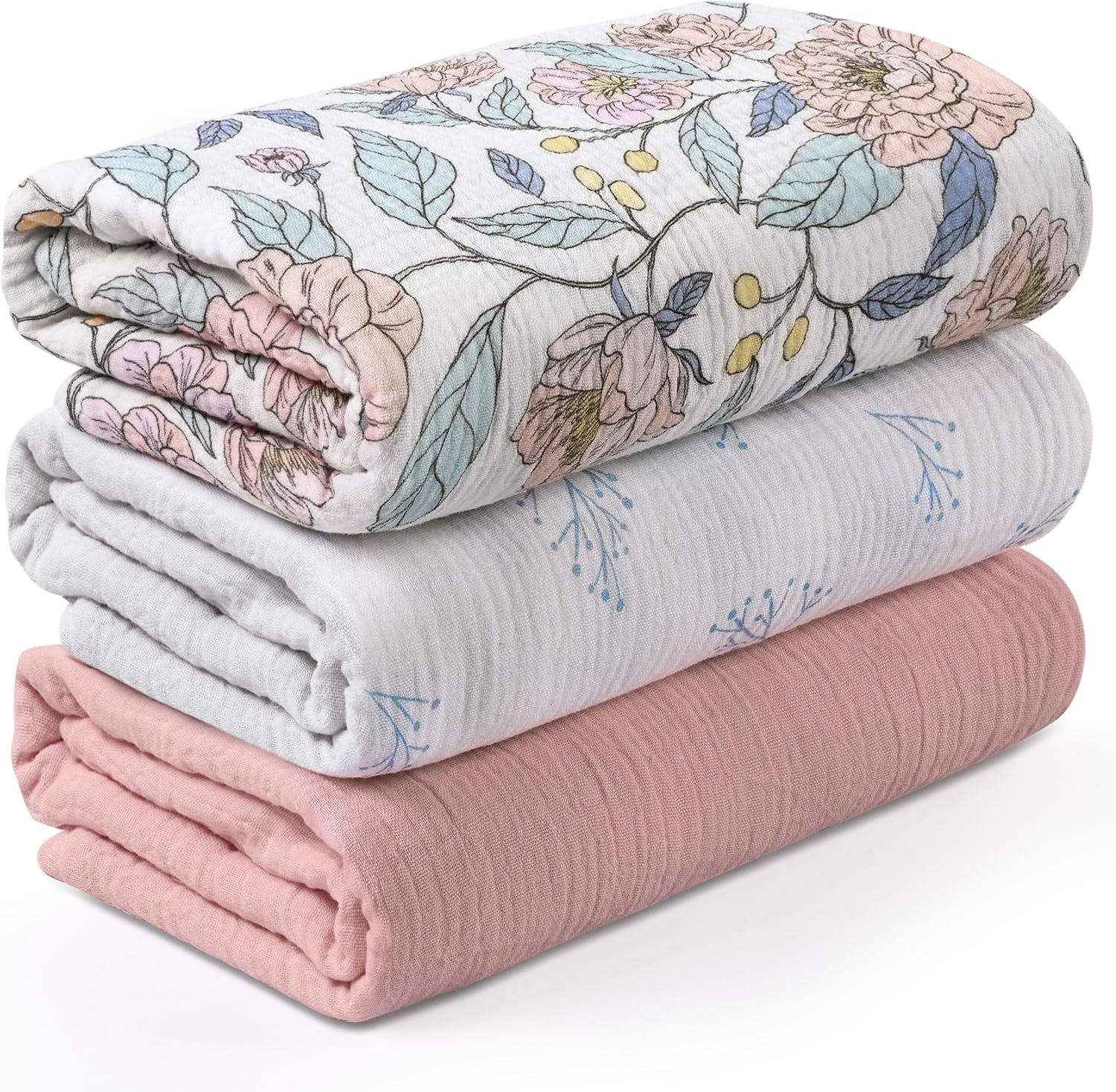 Detalle de Soarwg Baby Muslin Swaddle Blankets Floral Fantasy Print (Set of 3, 95x100cm) – Soft, Breathable Cotton Wraps & Burp Cloths