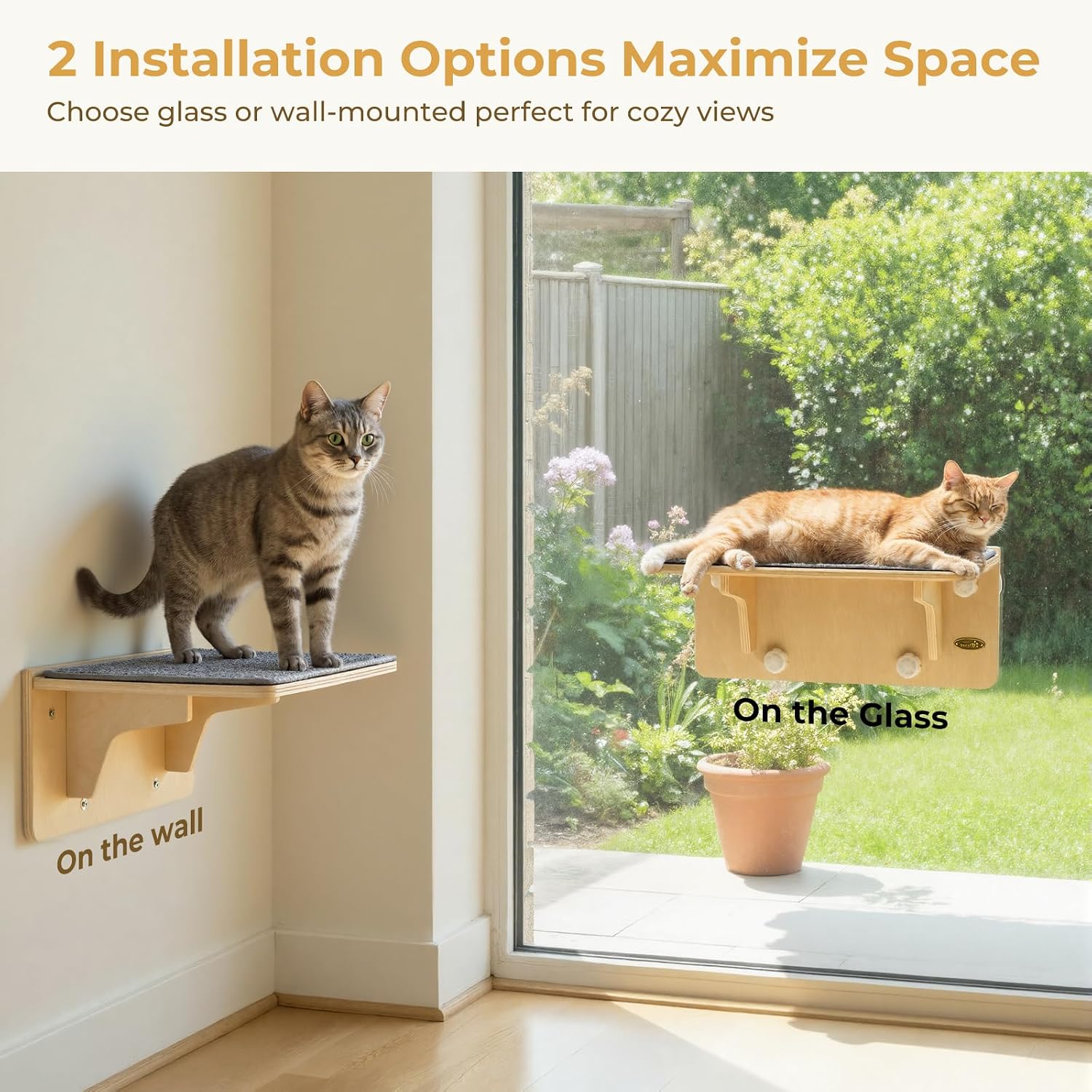 Detalle 2 de pecute Hamac chat fenêtre en bois massif avec ventouses et griffoir mural (jusqu’à 12–15 kg)