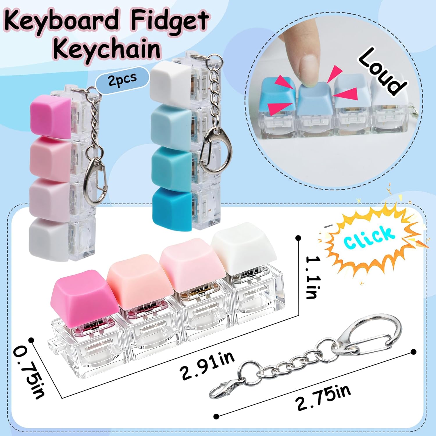 Detalle 2 de 2 PCS Keyboard Fidget Toy: 4-in-1 Keyboard Decompression Button Keychain (Blue & Pink)
