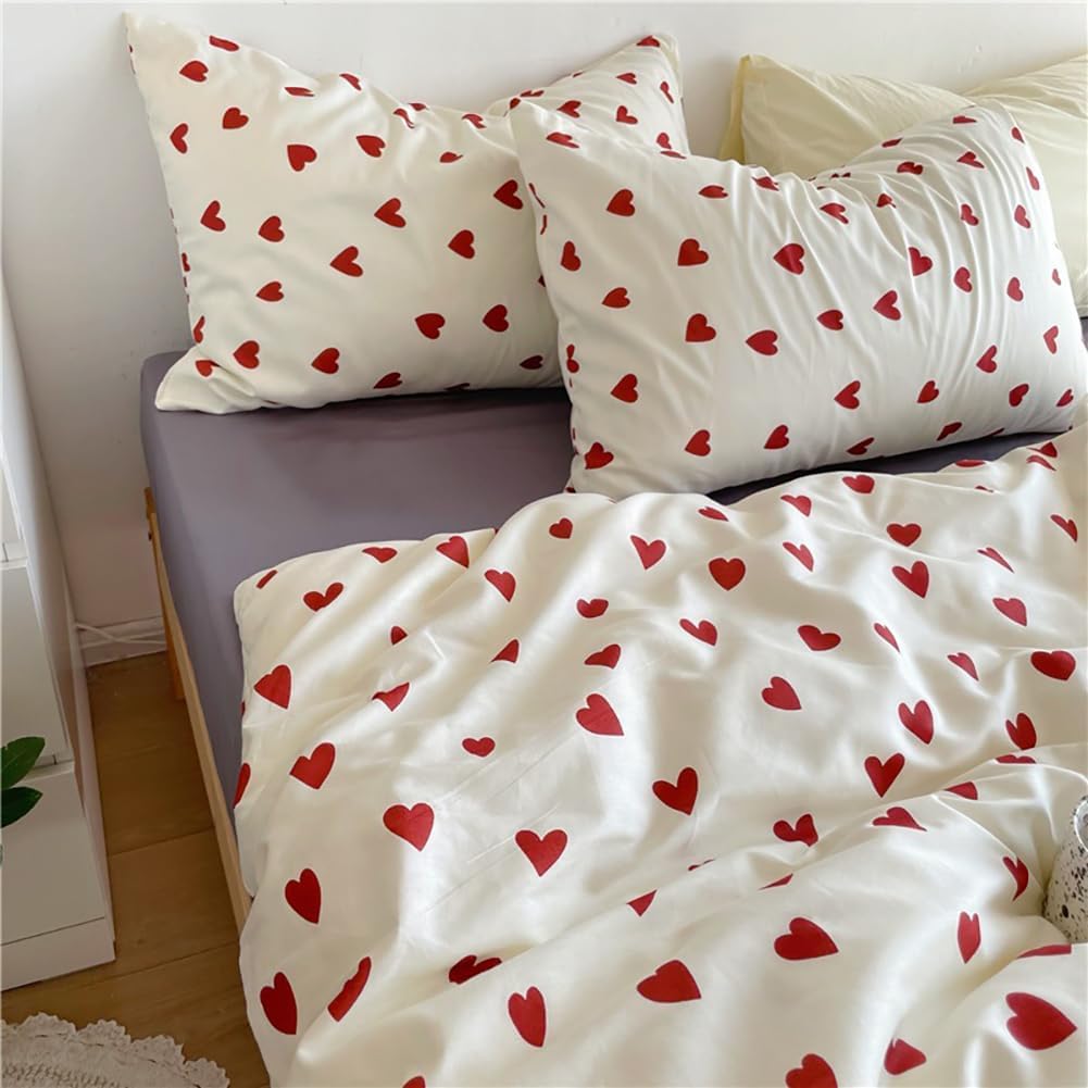 Detalle de Michorinee Housse de Couette Cœur 220x240 Rouge avec 2 Taies d'oreiller 65x65 cm – Parure de Lit Rouge et Blanche en Microfibre