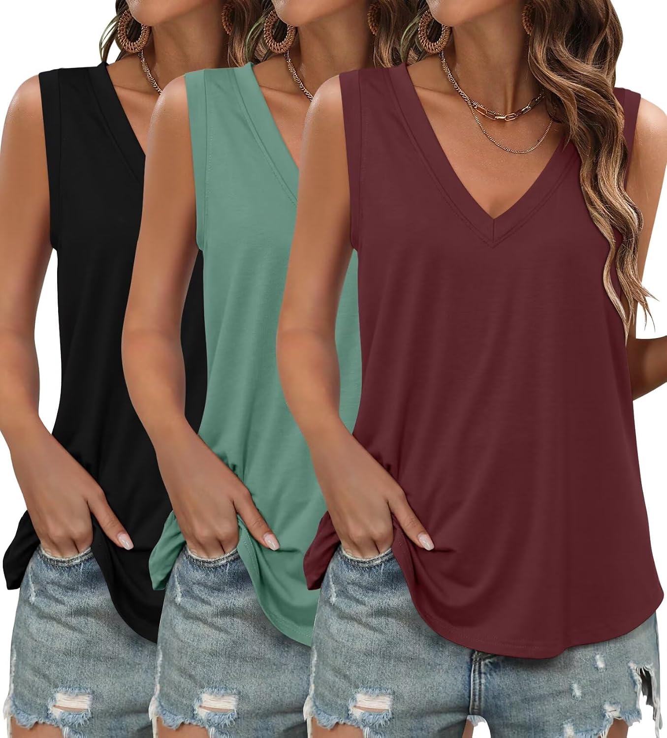 Detalle de KKJ 3 Pack Womens Tank Tops – 2026 Summer V Neck Loose Fit Sleeveless Shirts