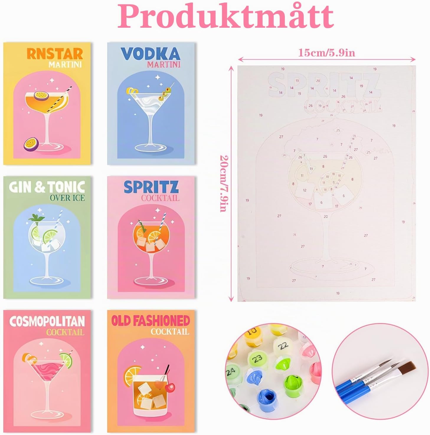 Detalle de Connextion måla efter siffror, 6-pack med cocktailmotiv och dukar på 15 x 20 cm