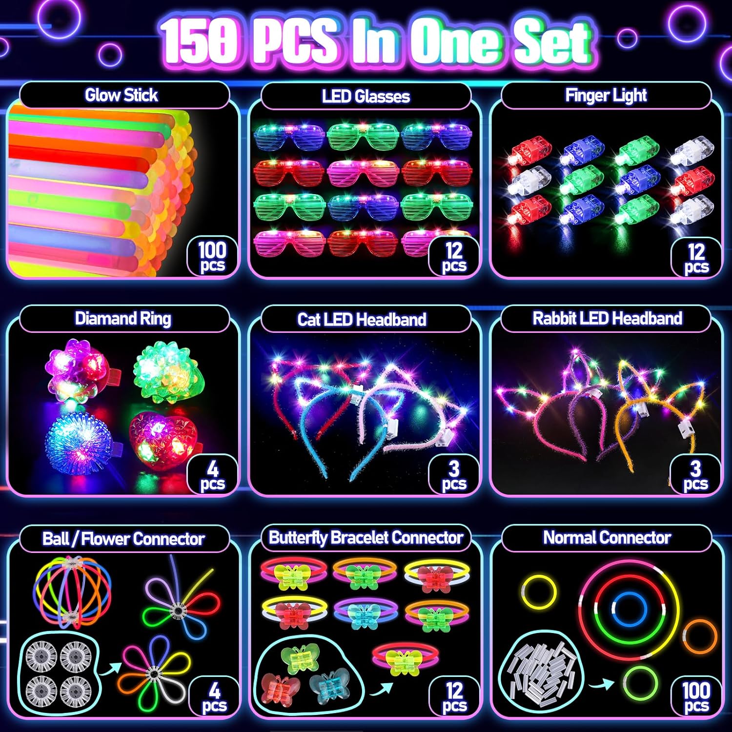 Thumbnail 1 de 150PCS Glow in the Dark Party Supplies Pack