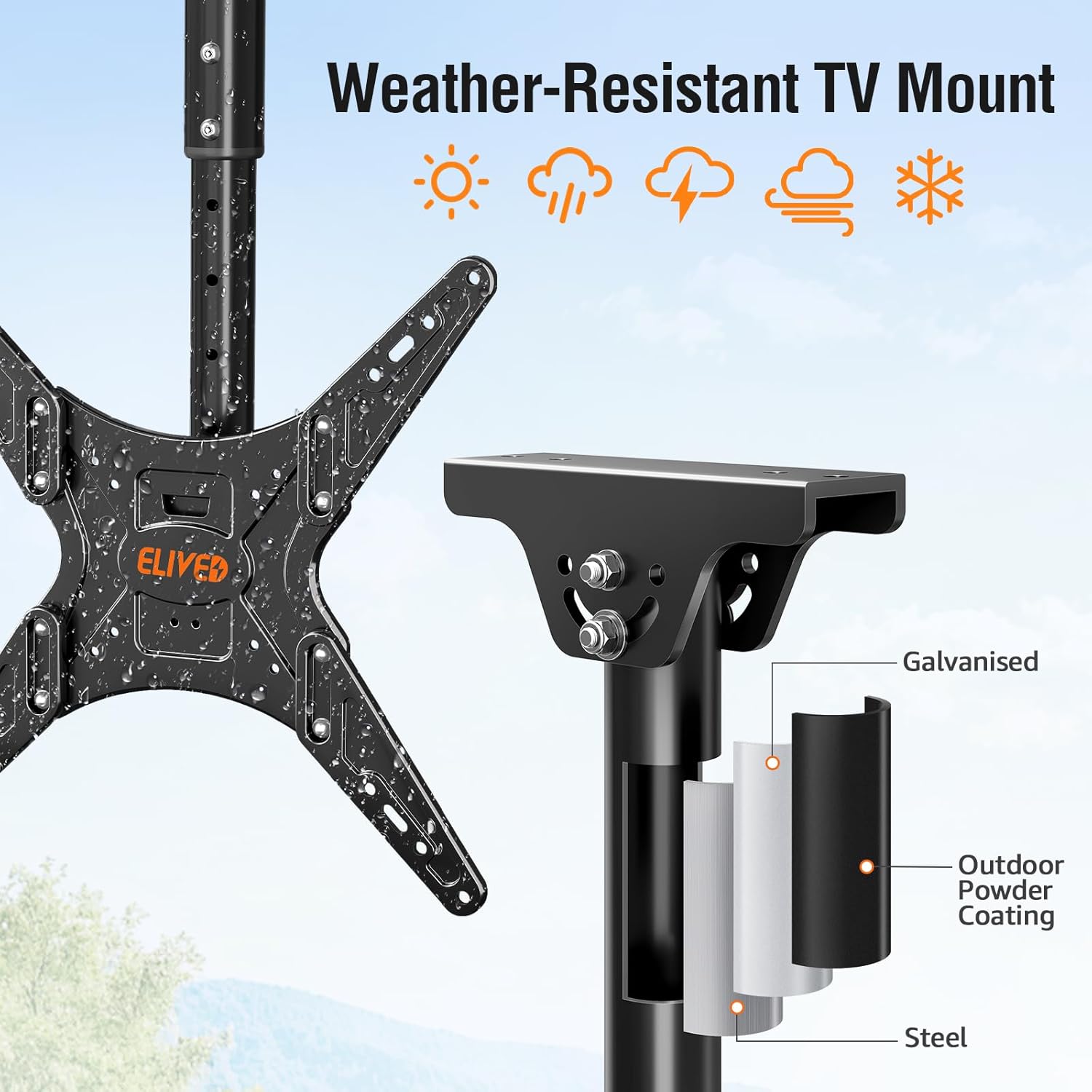 Detalle de ELIVED Outdoor Ceiling TV Mount for 26–65 Inch TVs: Weatherproof, 360° Swivel, and Height Adjustable