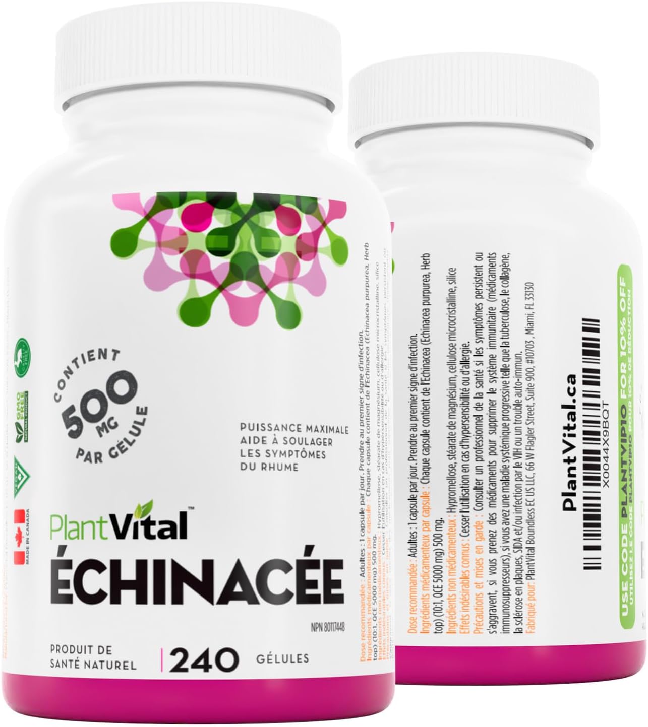 Detalle de PlantVital Organic Echinacea Capsules, 10:1 Extract, 240 Count, Vegan