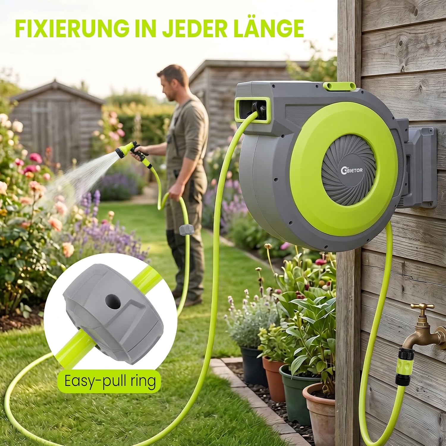 Detalle de Bietor Schlauchtrommel 40m+2m – Wandbox mit 180° Drehung, 9-fach Düse und automatischem Rückzug