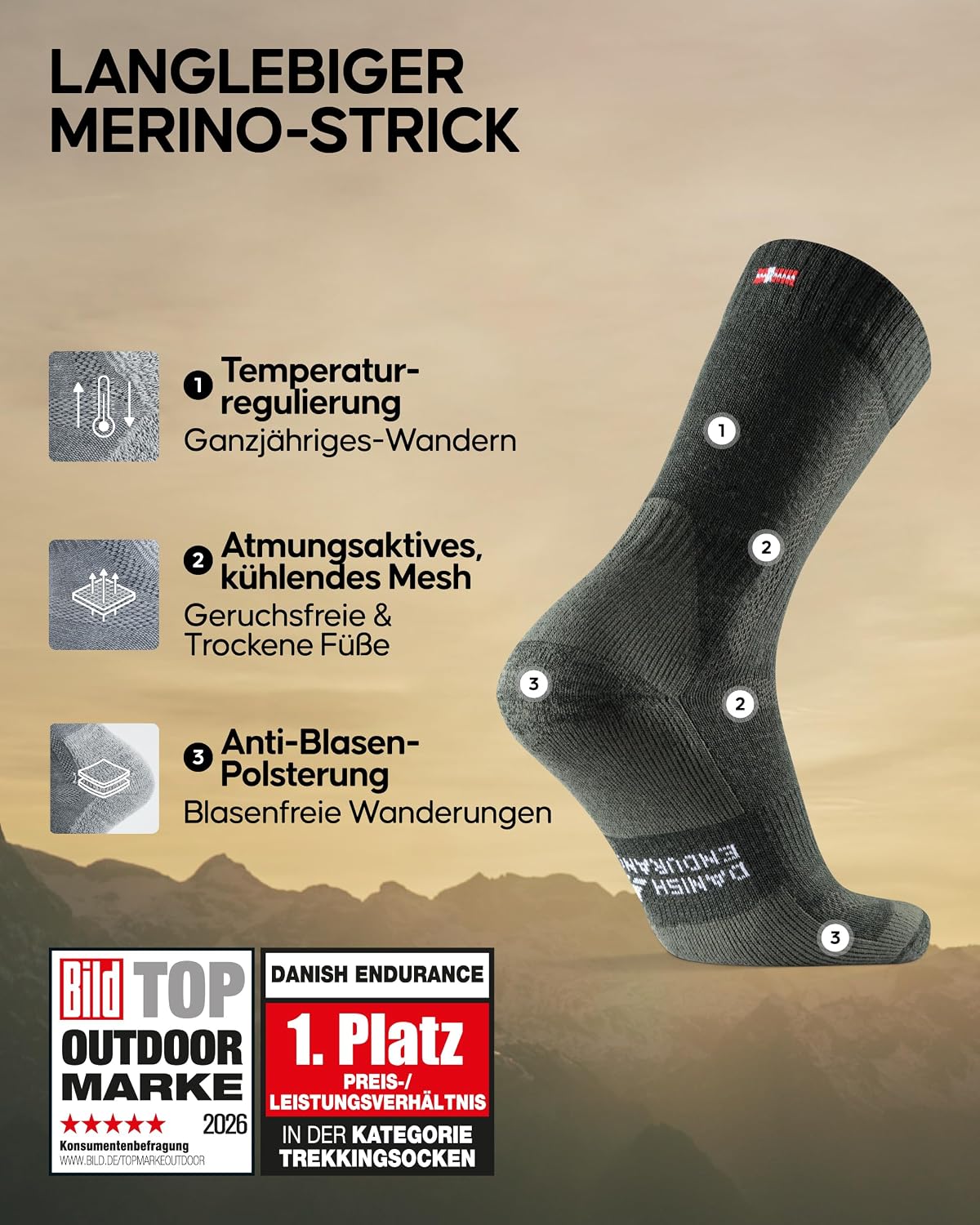 Detalle 2 de DANISH ENDURANCE Merino Wandersocken 3 Paar