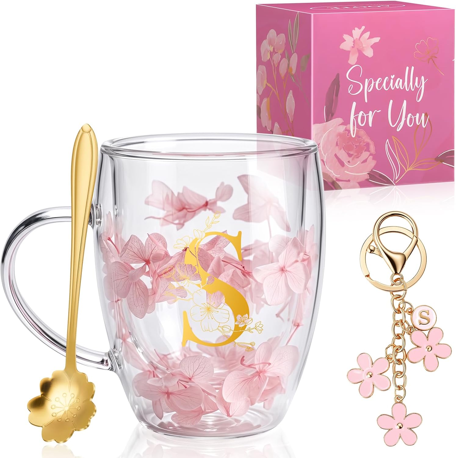 Detalle de AOOTE 6324941 dubbelväggig glasmugg 350 ml med torkade blommor