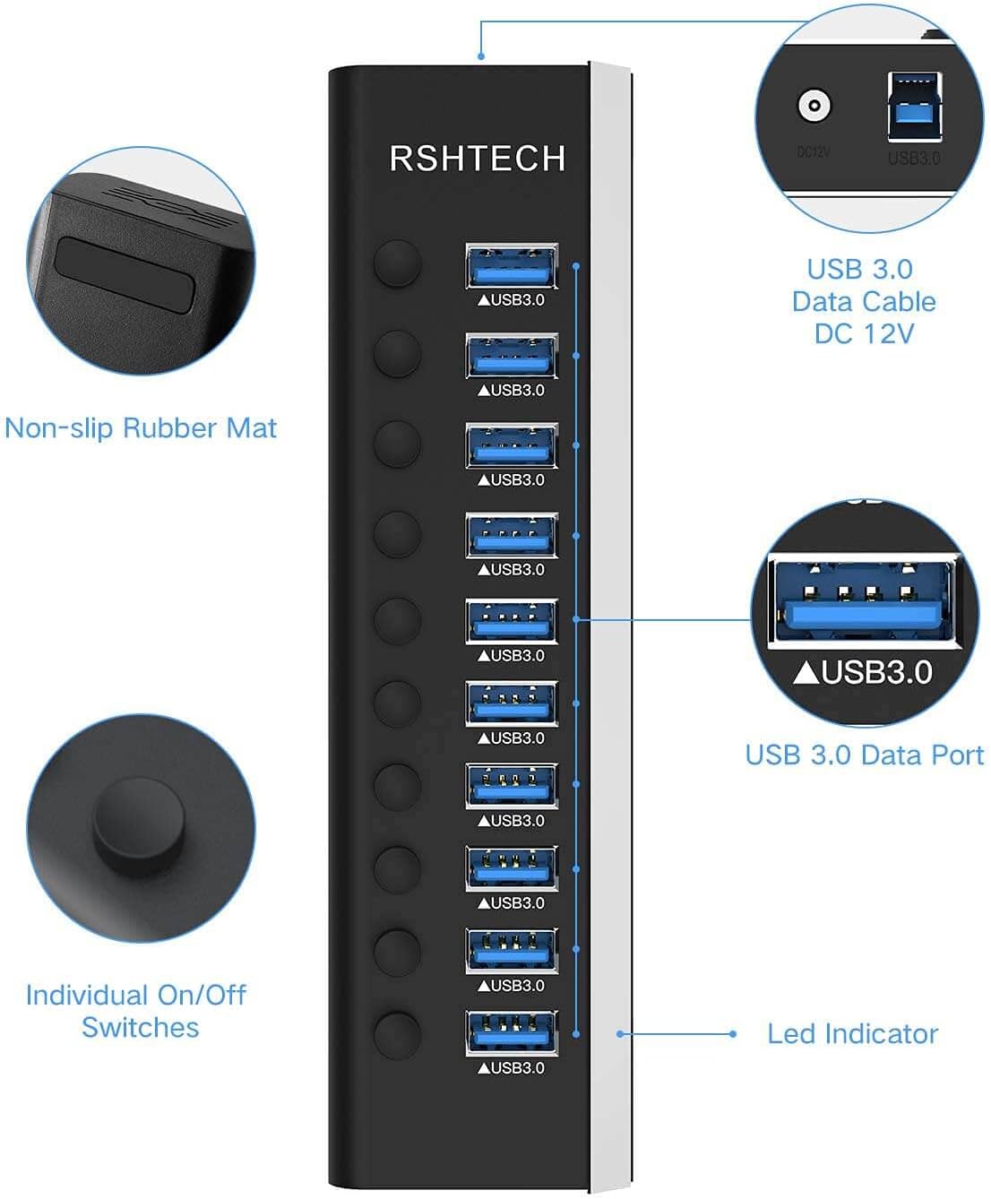 Thumbnail 4 de RSHTECH RSH-A10 10‑port USB 3.0 Hub 36W