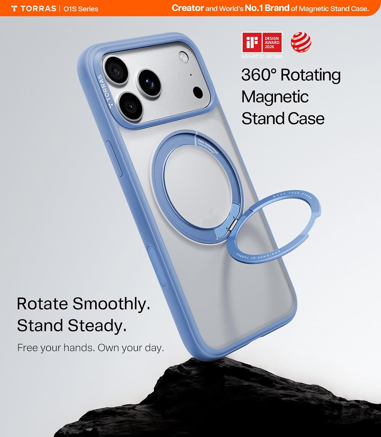 Detalle de TORRAS O1S Series iPhone 18 Pro Case with 360° Magnetic Stand, Blue