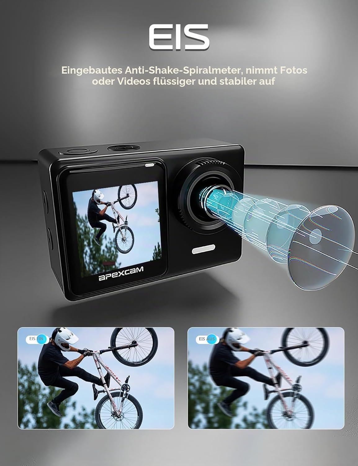 Detalle de Apexcam 4K 30FPS Action Cam Dualscreen mit 40 m Unterwasser, EIS, WiFi Fernbedienung und 2×1350 mAh Akku – Komplettset