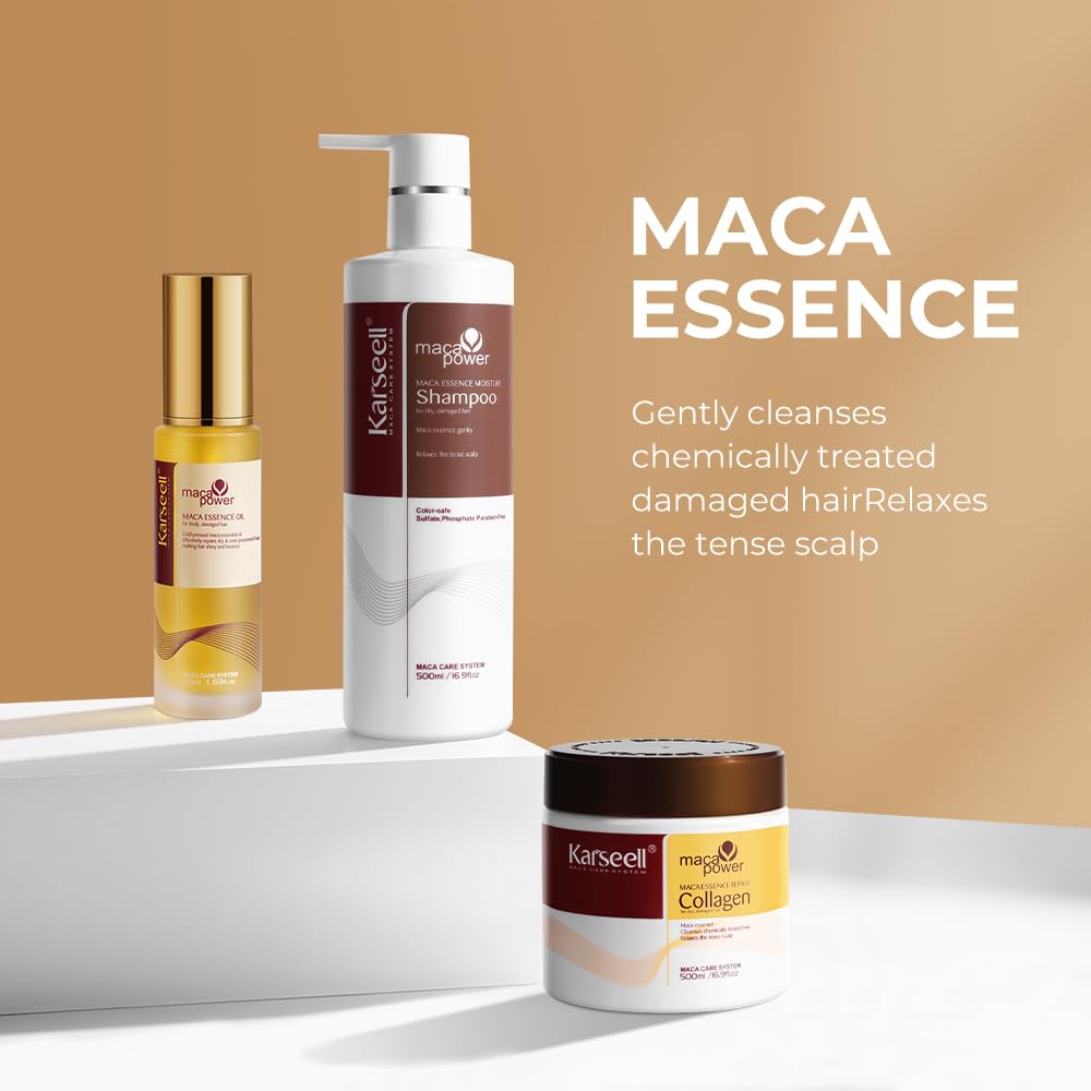 Detalle de Karseell Kollagen Haarpflege-Set: Haarmaske, Shampoo & Haaröl für trockenes, geschädigtes Haar (2 x 500 ml + 50 ml)