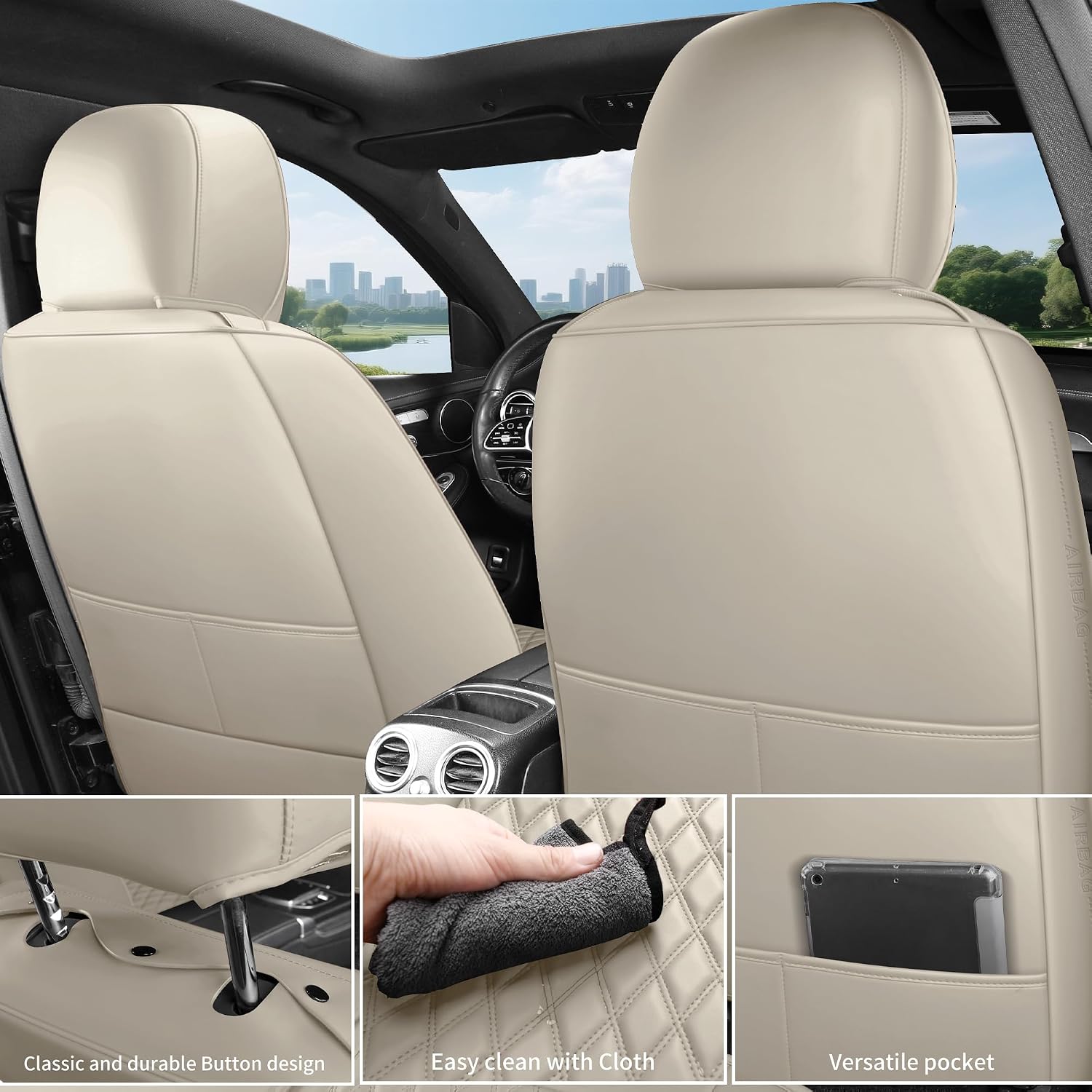 Thumbnail 5 de Beige High-Density Nappa Leather Car Seat Covers — Universal Precision Fit, 3D Contoured, Full Coverage