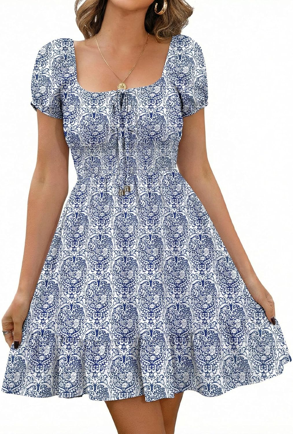 Thumbnail 6 de Livonmone Damen Kleid – Blumendruck Sommerkleid mit hoher Taille, V-Ausschnitt und verstellbaren Trägern