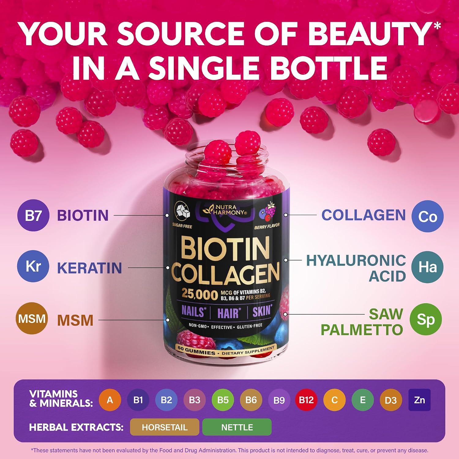 Detalle de NUTRAHARMONY NH-BTNGMY60 Biotin Gummies, Berry, Sugar-Free, 10,000 mcg