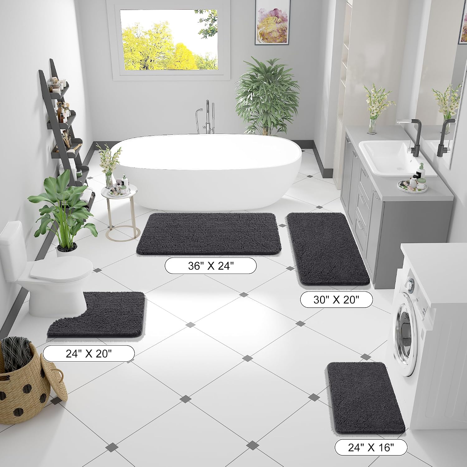 Detalle 2 de OLANLY Bathroom Runner Rug, 40" x 24" Chenille, Dark Gray, Rubber Backing