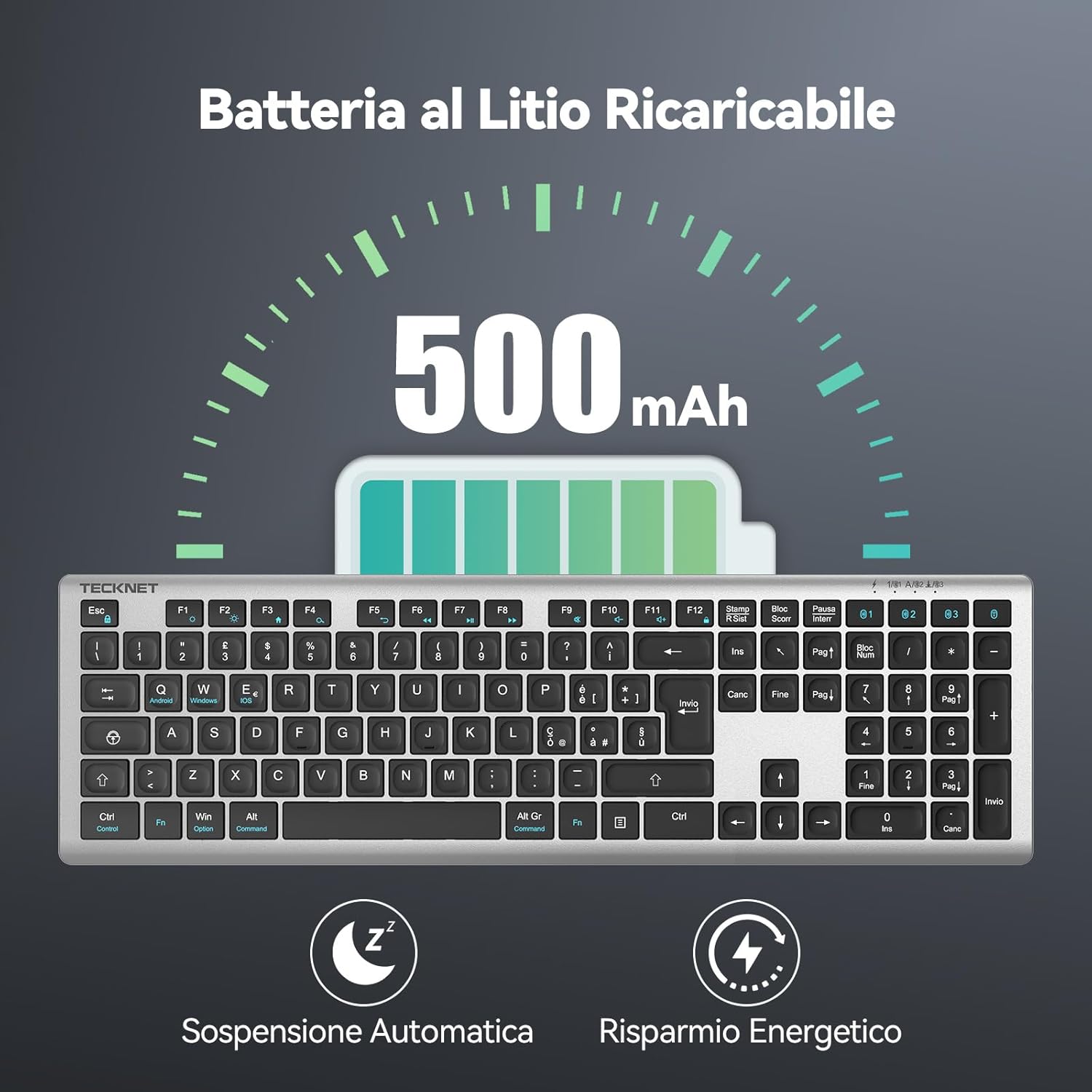 Thumbnail 3 de TECKNET Tastiera Wireless Full-Size: 4 Canali di Connessione, Bluetooth + 2.4G, USB-C ricaricabile