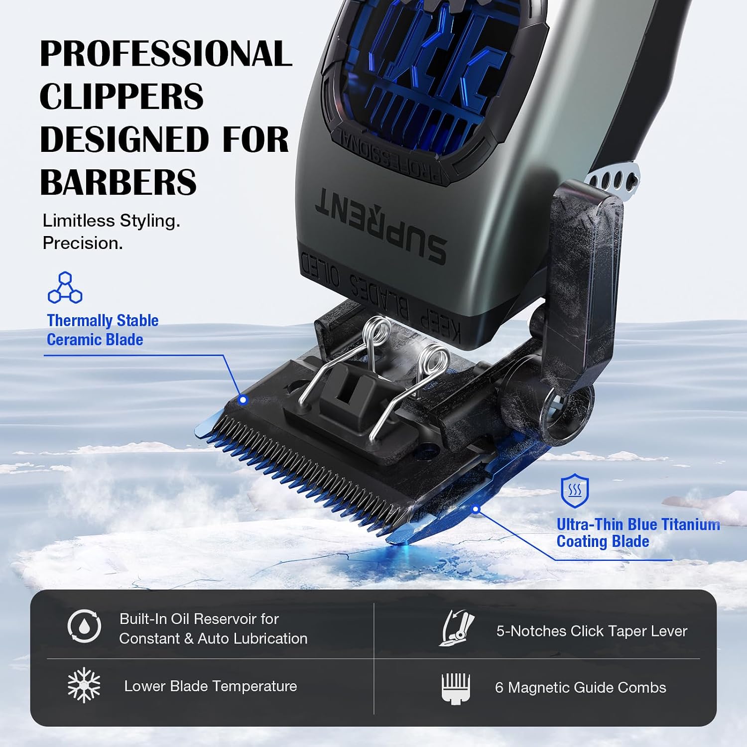 Detalle de SUPRENT Sandstorm Hair Clippers and Trimmer, 8,500 RPM, Blue Titanium Blades