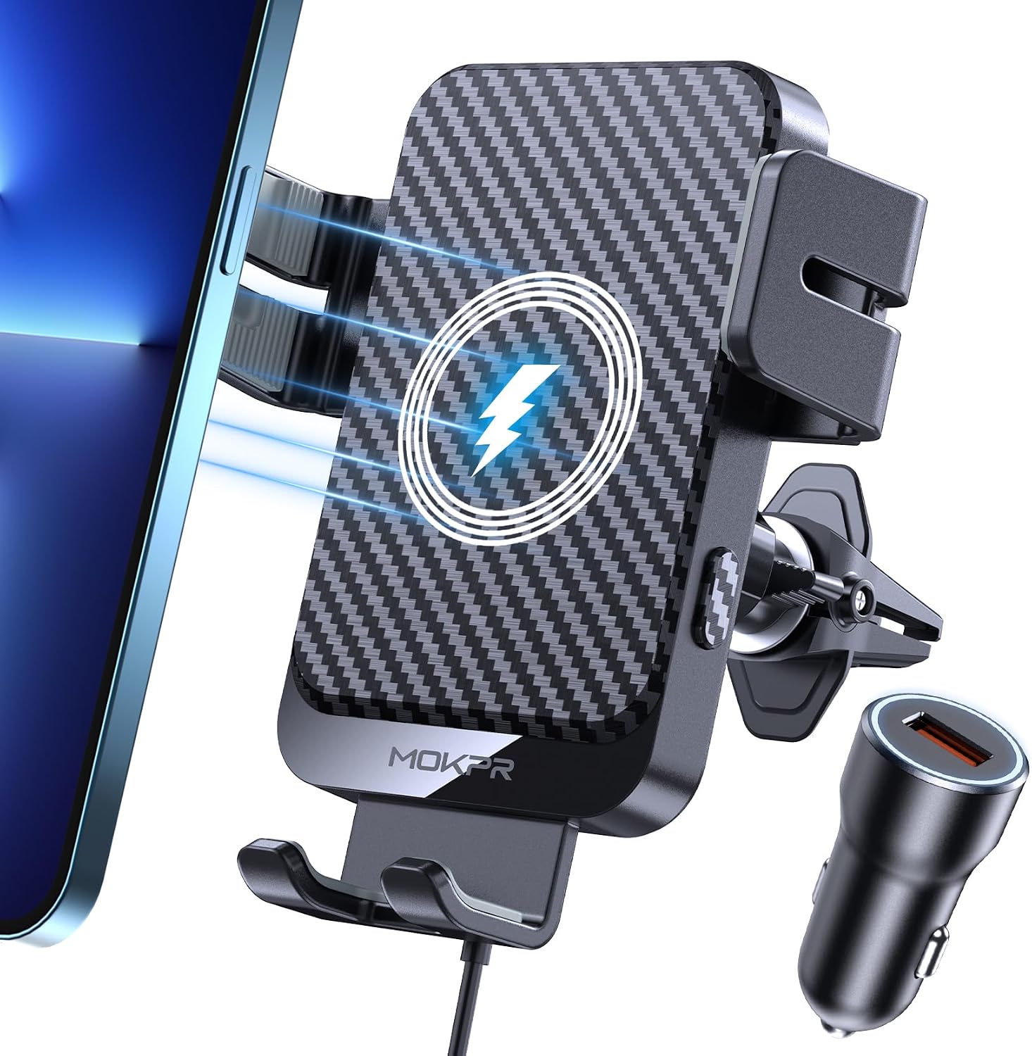 Detalle 1 de MOKPR 15W Support Téléphone Voiture Induction – Chargeur sans fil auto-ouverte et support pivotant