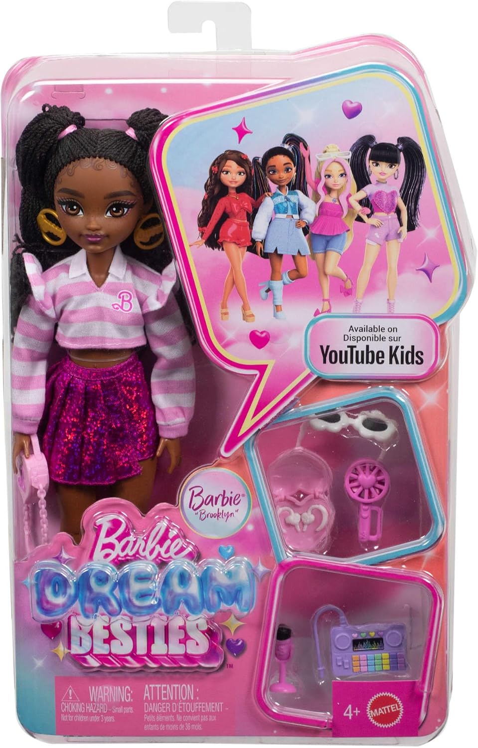 Detalle 2 de Barbie Dream Besties Brooklyn (snodata) con capelli castani intrecciati, outfit rosa e accessori per la danza