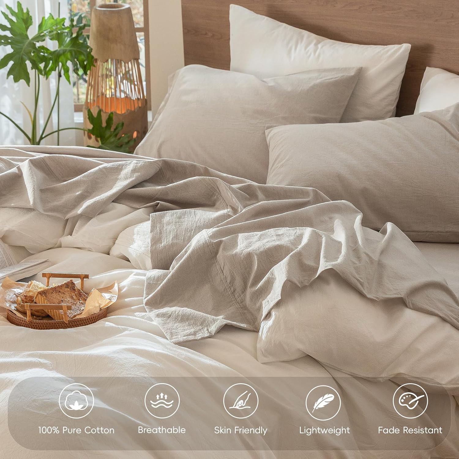 Thumbnail 3 de MooMee Bedding Sheet Set (Washed Cotton, Heathered Tannish Linen Grey, Queen)