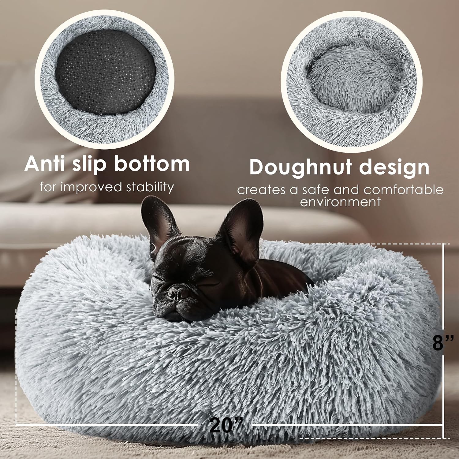 Detalle de Hoewina CWW-FT 20-Inch Donut Pet Bed, Light Gray, Non-Slip Bottom