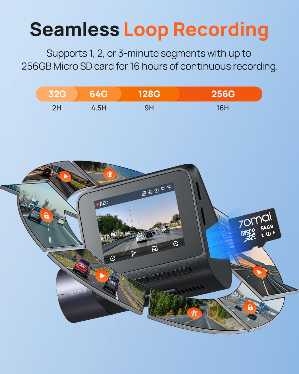 Thumbnail 6 de 70mai Dash Cam Front and Rear A410 (2.5K+1080P) with HDR, GPS & Wi‑Fi, 64GB card included